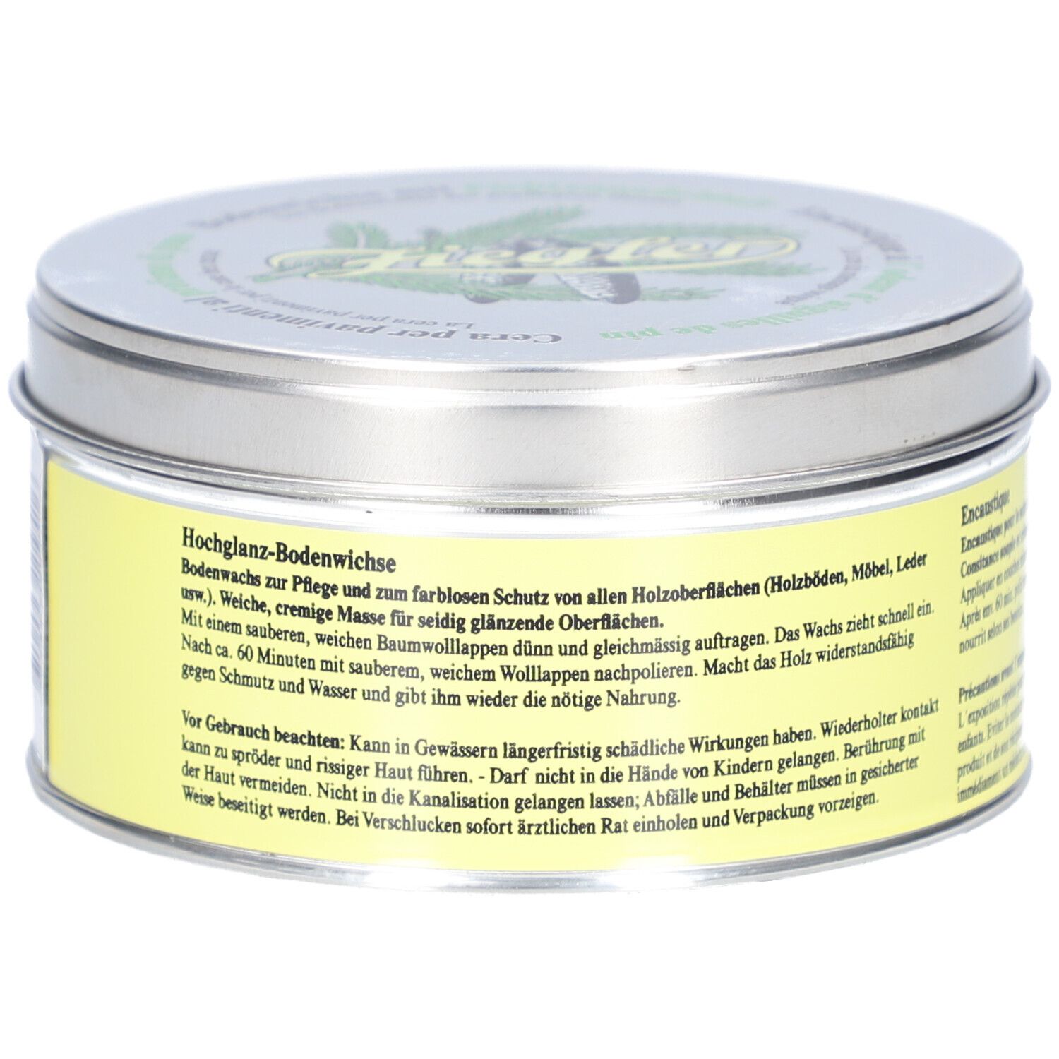Runde Dose mit gelbem Etikett. Text: Hochglanz-Bodenwichse. Deckel mit Logo. Metall-Dose.