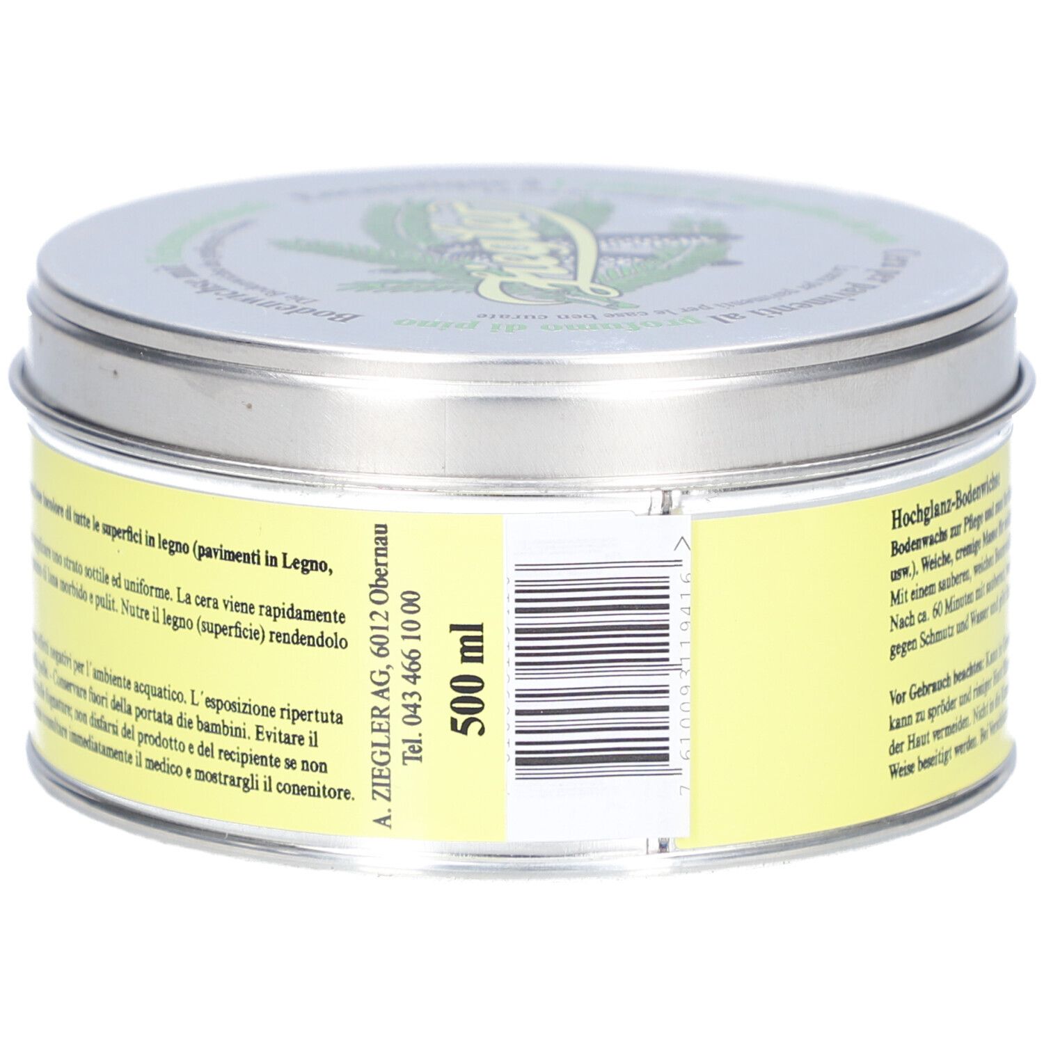 Runde Dose mit gelbem Etikett. Text: 500 ml. Barcode. Metall-Dose.