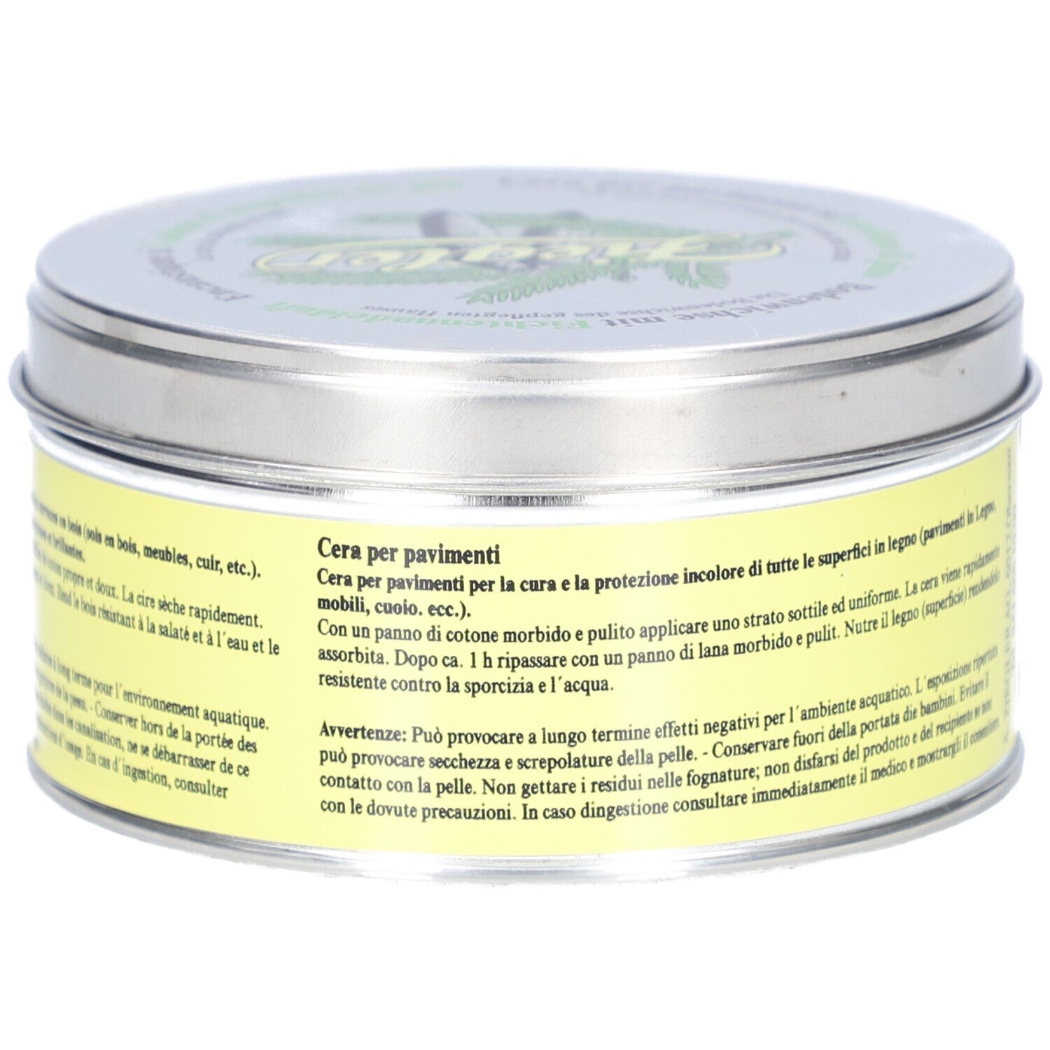 Runde Dose mit gelbem Etikett. Text: Cera per pavimenti. Metall-Dose.