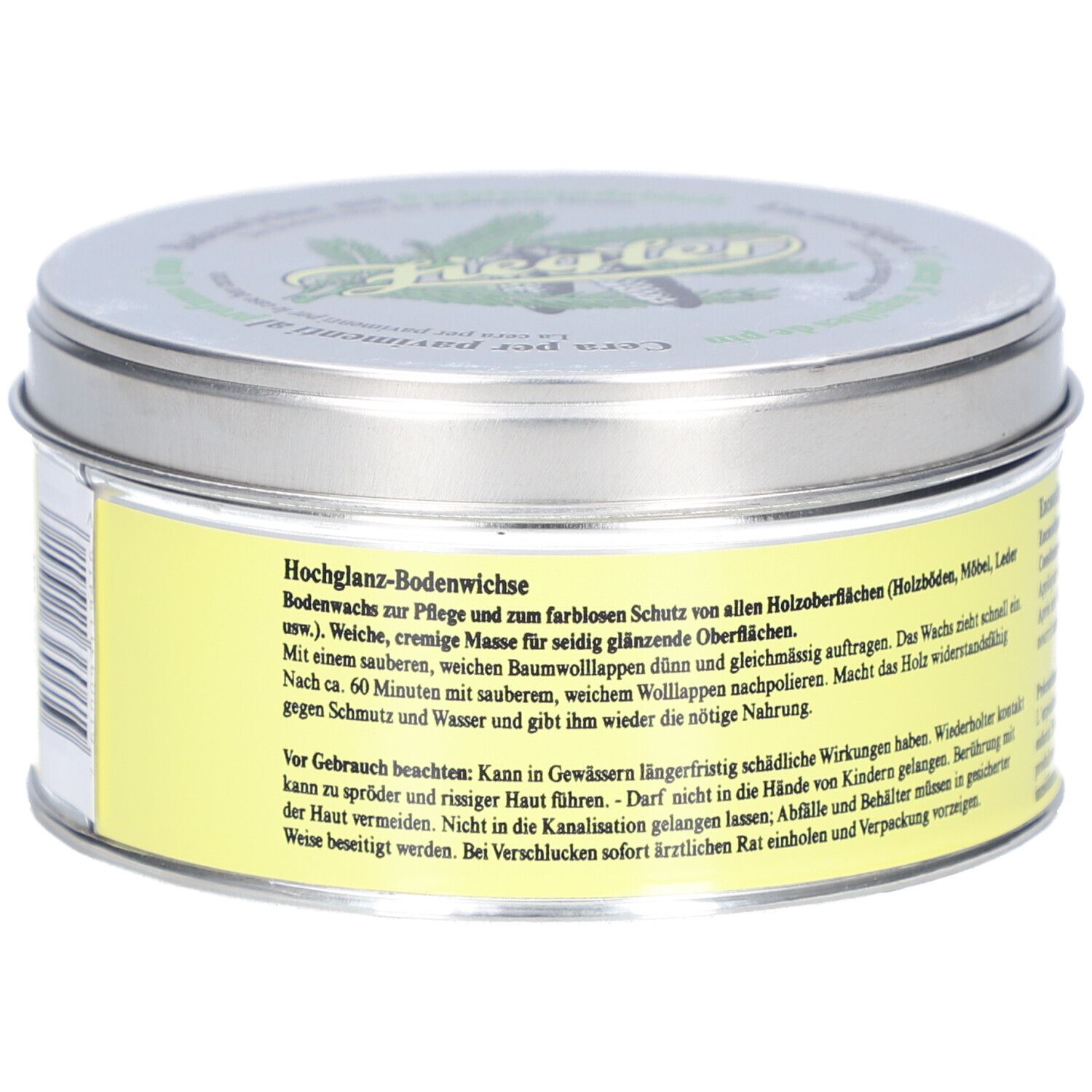 Runde Dose mit gelbem Etikett. Text: Hochglanz-Bodenwichse. Metall-Dose.