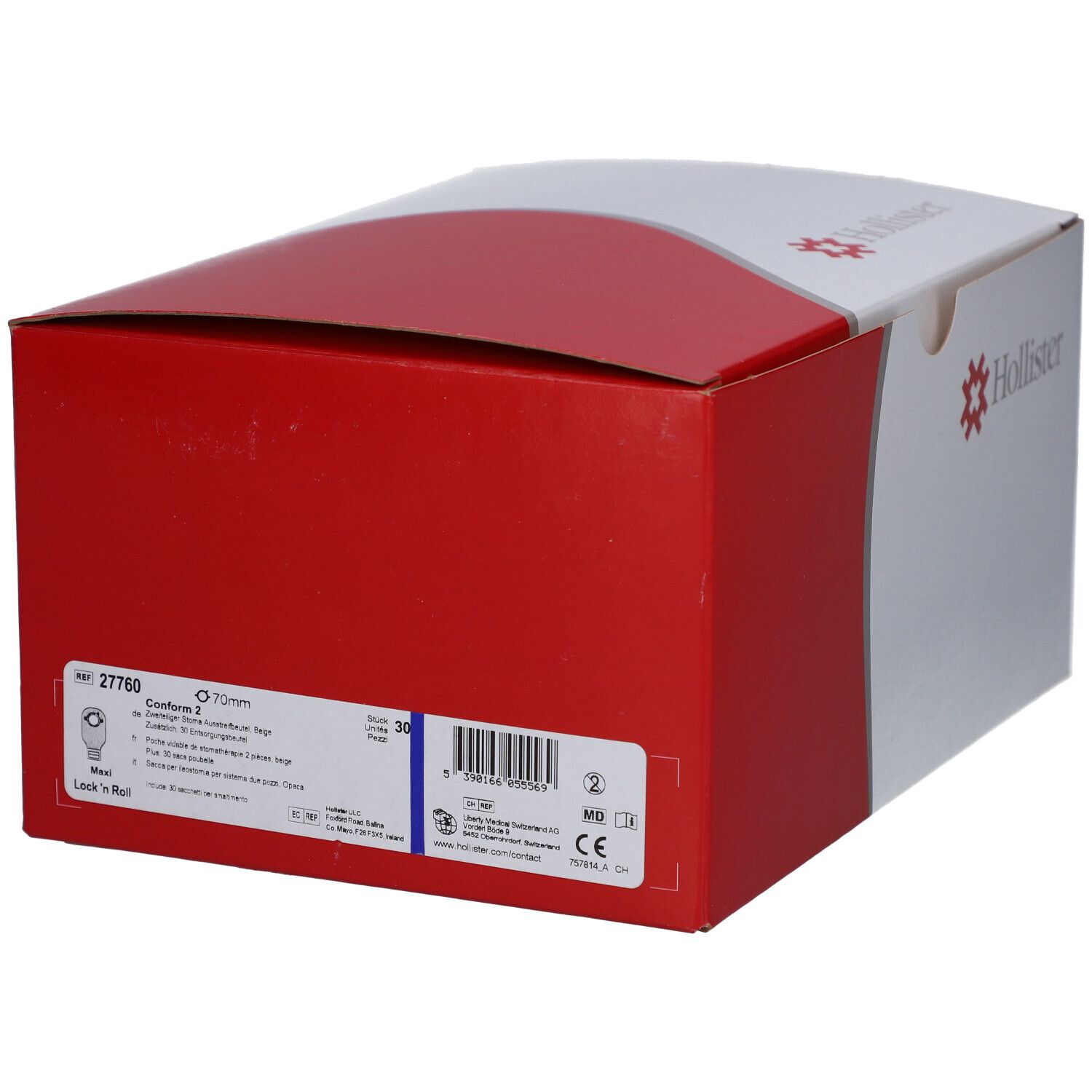 Boîte rouge et blanche. Logo Hollister. Inscription : ConForm 2, 70mm, 30 pièces. Informations produit et code-barres.