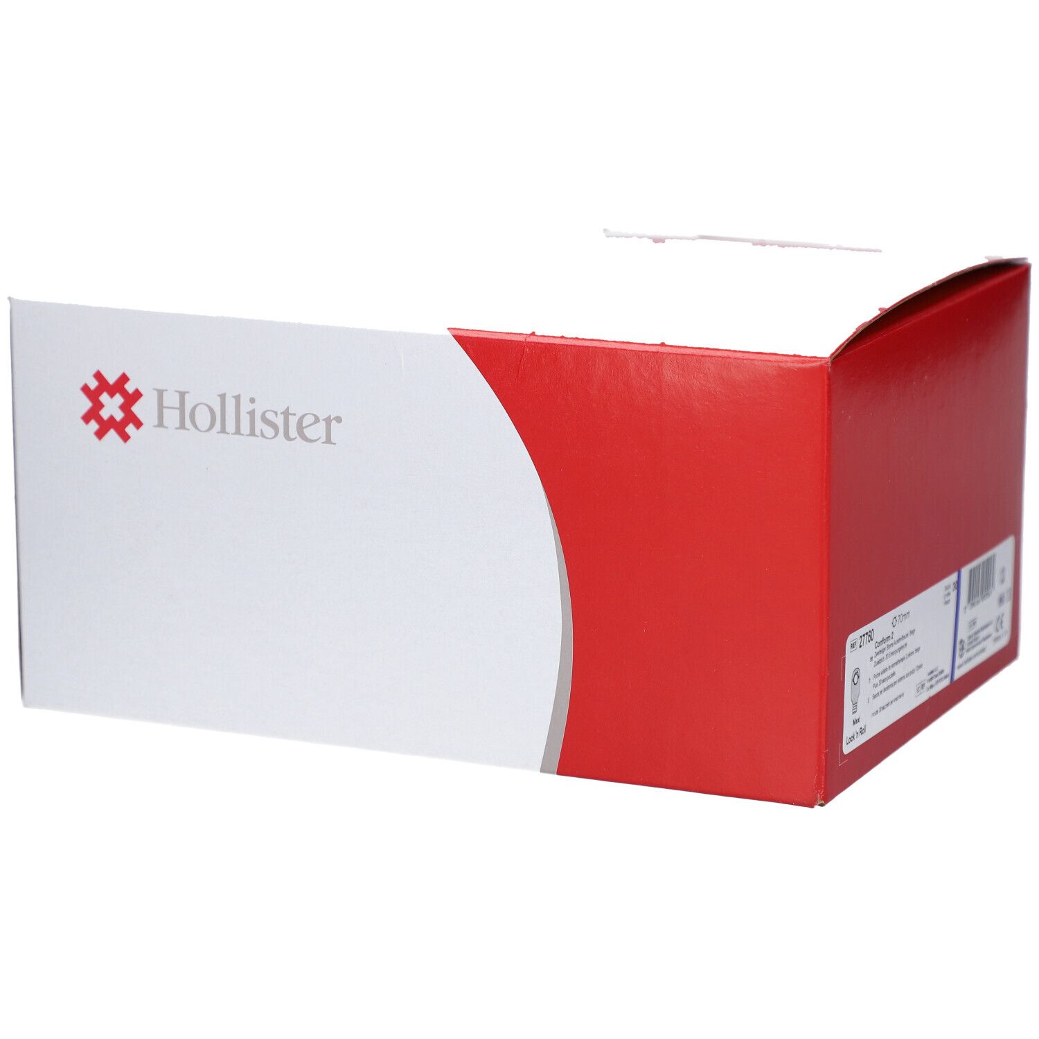 Boîte blanche avec accent rouge. Logo Hollister. Informations produit sur le côté.