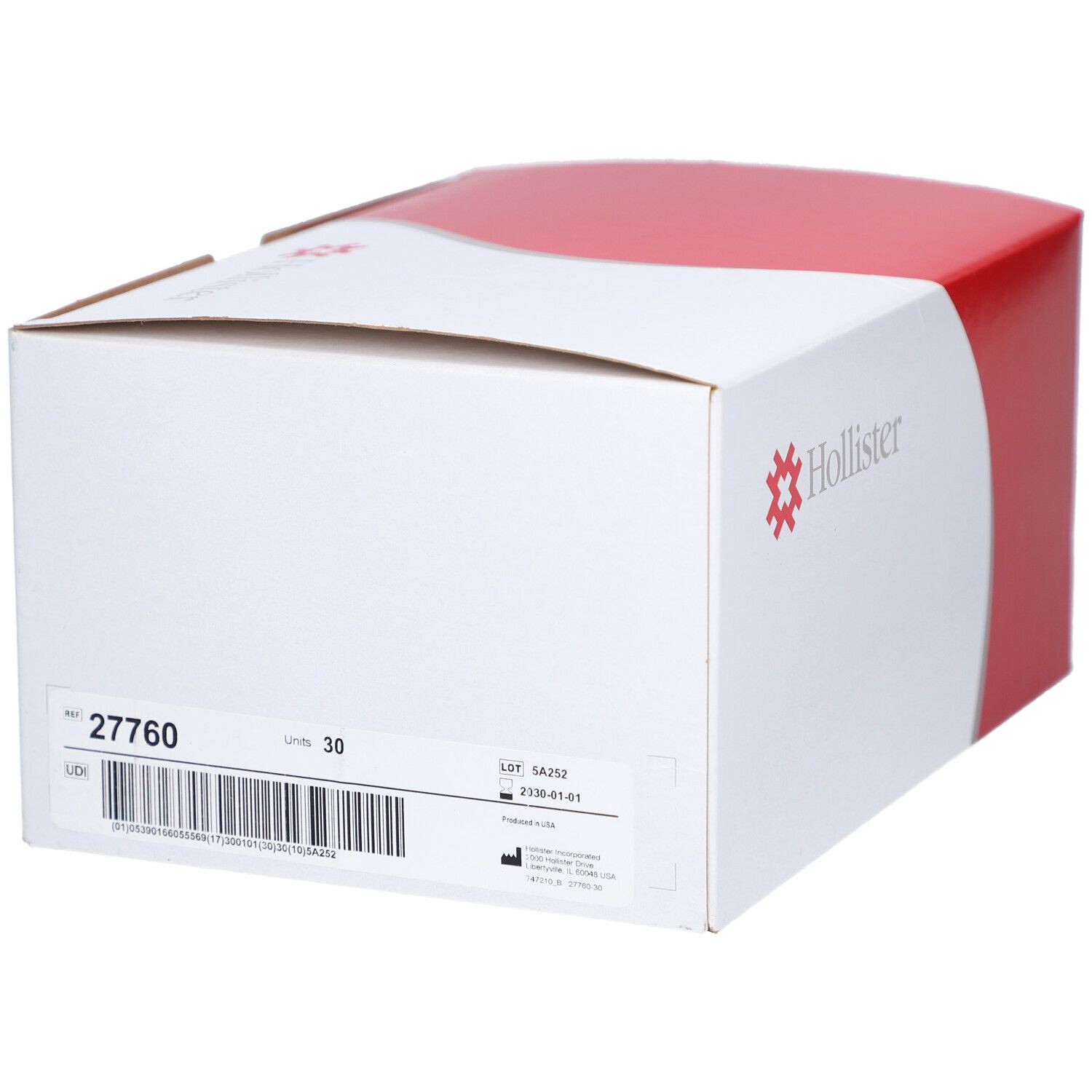 Boîte blanche avec accent rouge. Logo Hollister. Inscription : 27760, 30 pièces. Code-barres et informations produit.