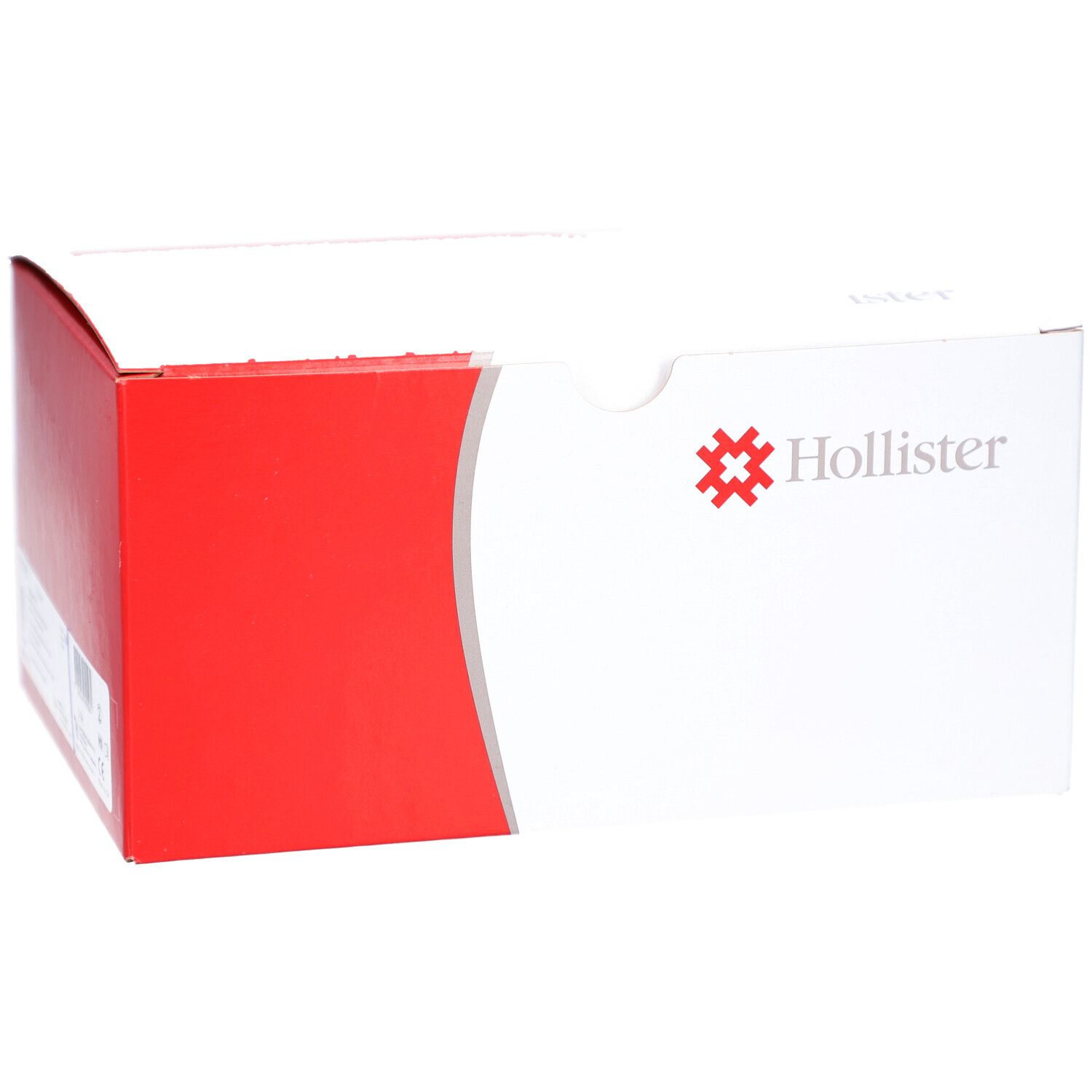 Boîte blanche avec accent rouge. Logo Hollister. Informations produit sur le côté.