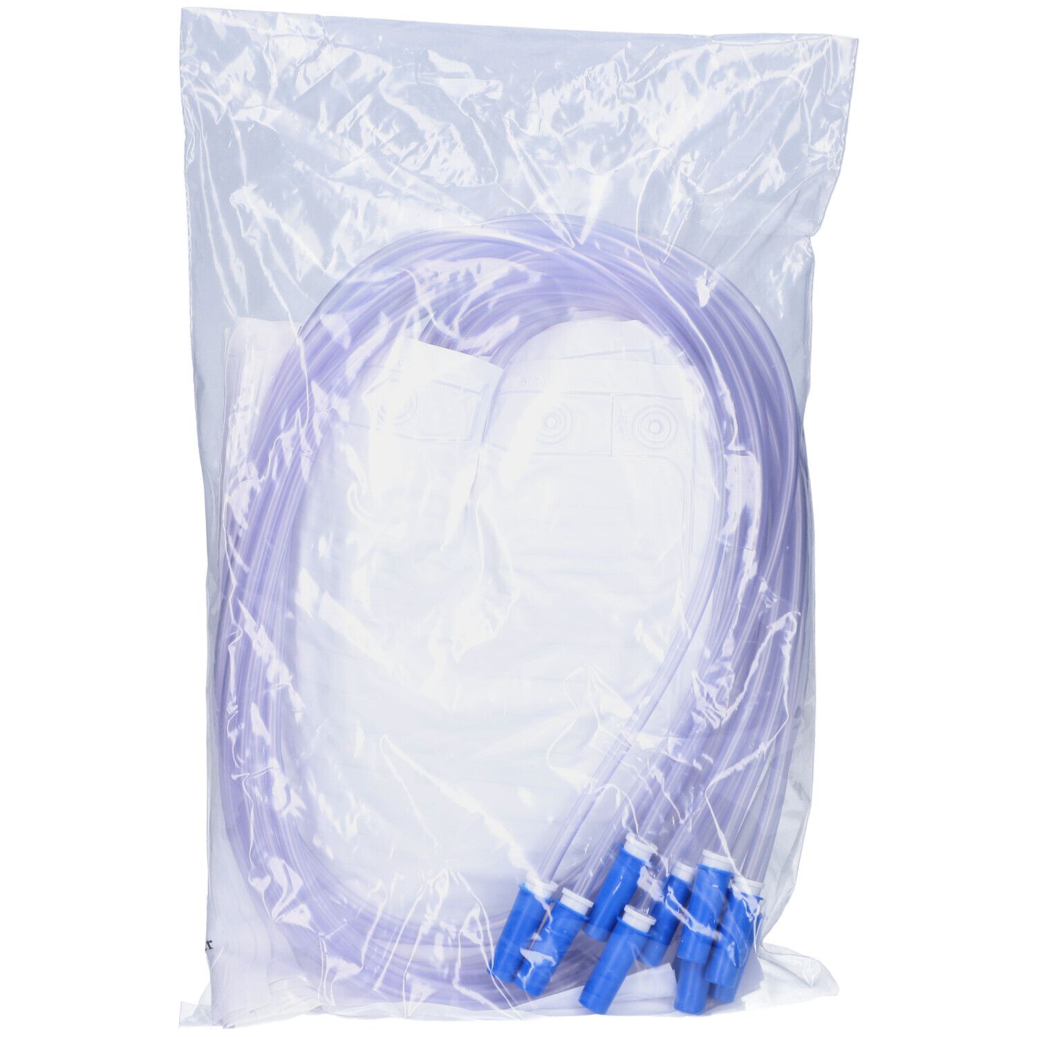 Emballage de produits médicaux. Visible : sac, tubes et connecteurs bleus. Logo Hollister.