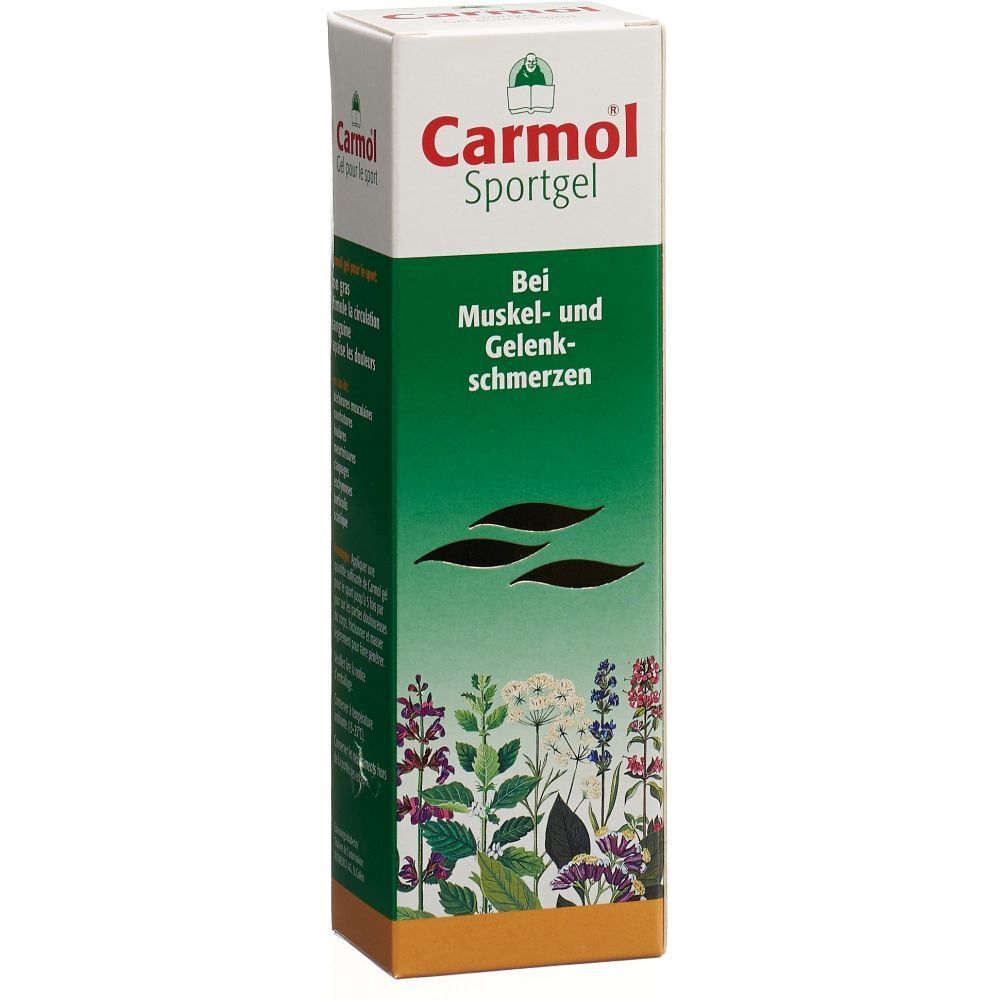 Weiß-grüne Verpackung mit Produktnamen und Logo. Text: Bei Muskel- und Gelenkschmerzen. Illustration von Pflanzen.