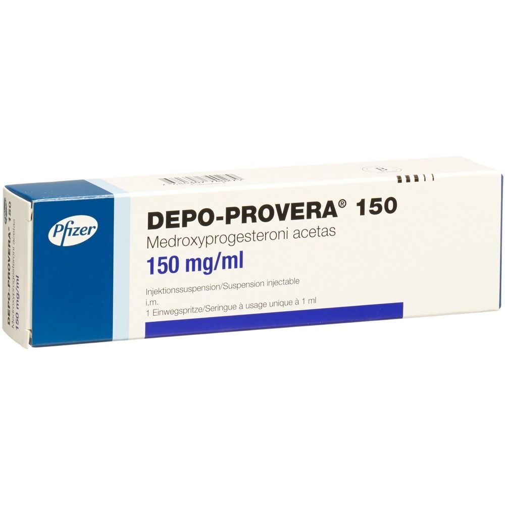 Verpackung von DEPO-PROVERA 150. Aufschrift: 150 mg/ml, Pfizer-Logo. Enthält Injektionssuspension, Einwegspritze.