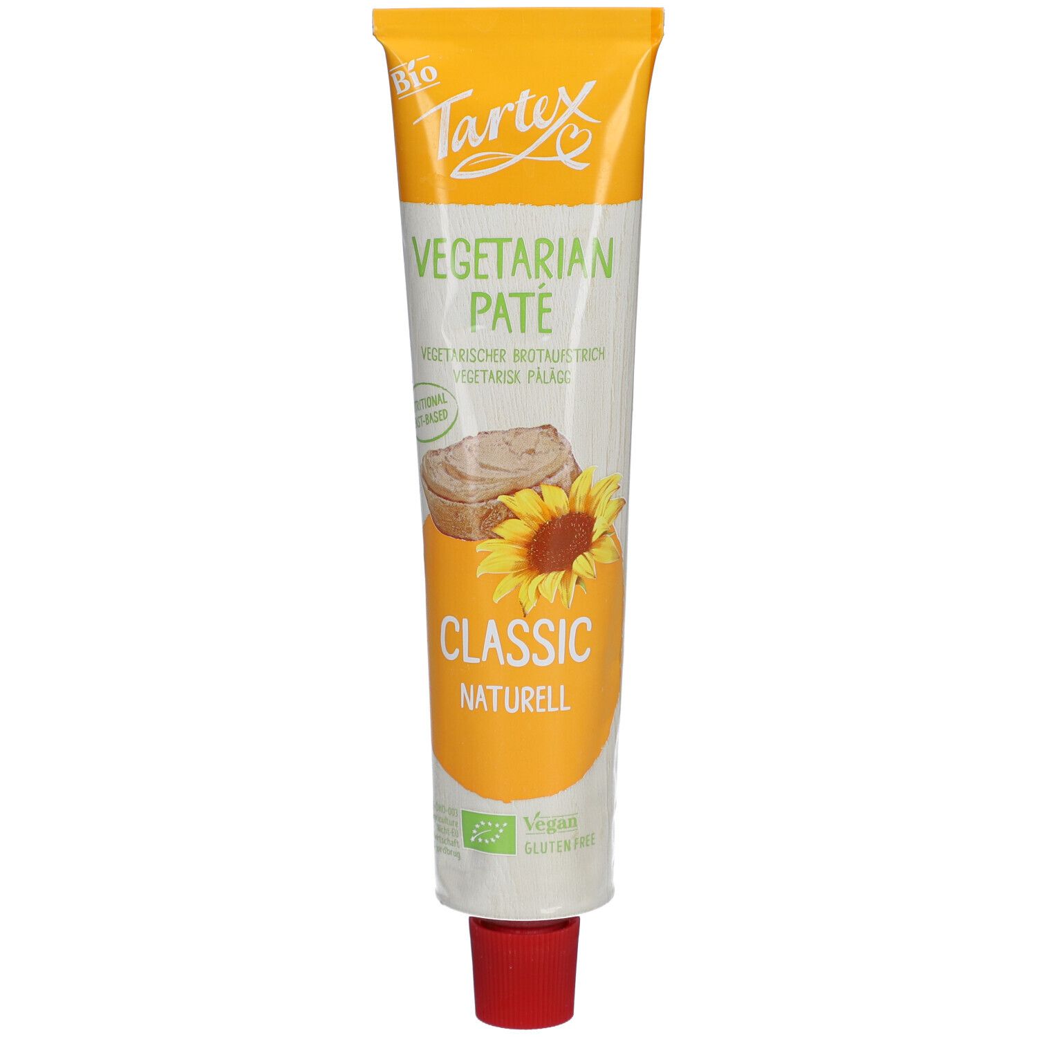 Tube de Tartex Bio-Pâté Végétarien Classic Naturel. Jaune et blanc, tournesol. Vegan, sans gluten. Label bio.