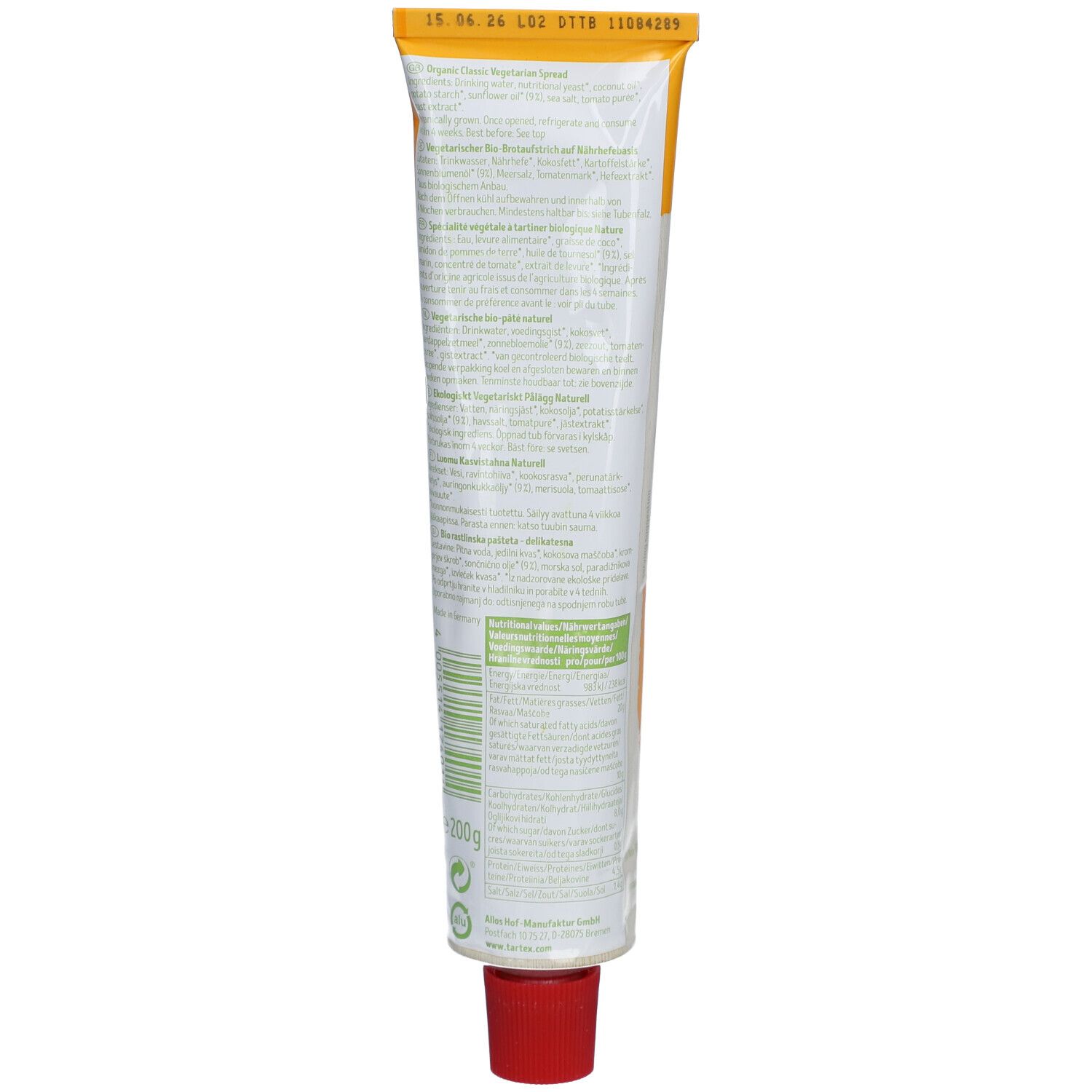 Dos du tube de Tartex Bio-Pâté Végétarien. Texte, code-barres, bouchon rouge. Label bio.