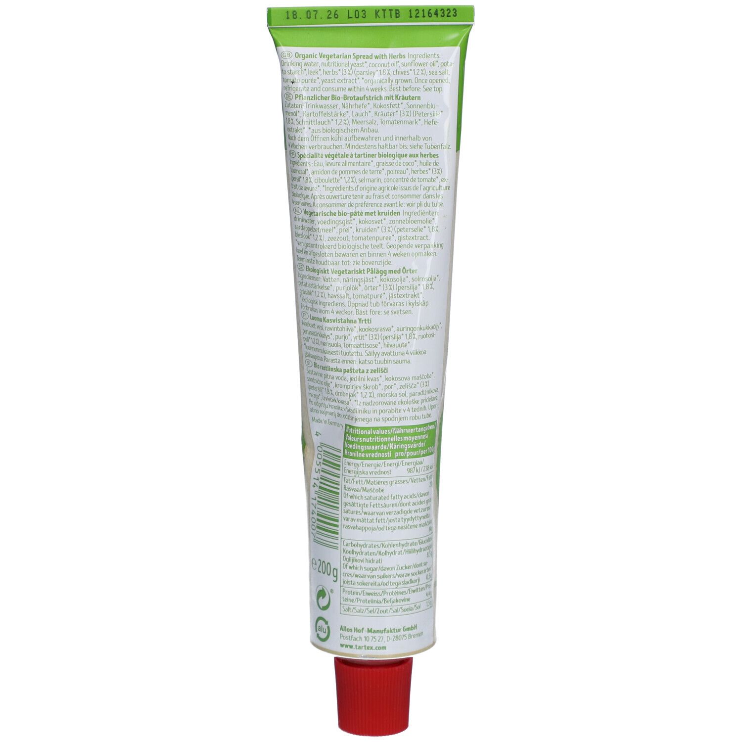 Dos du tube avec texte. Liste des ingrédients, informations nutritionnelles, label bio, végétalien et sans gluten.