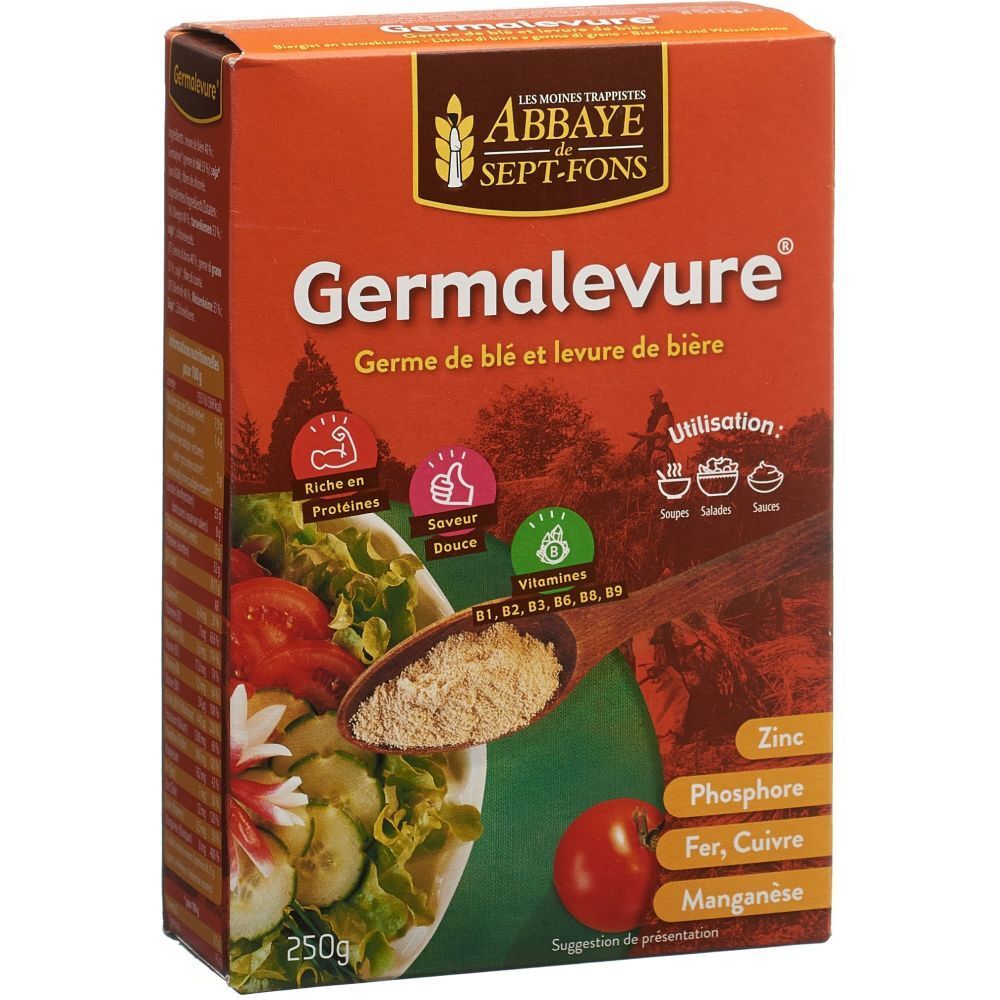 Germalevure®-Verpackung. Orangefarbener Karton mit Produktnamen und Logo. Abbildung von Salat mit Produkt. Enthält 250g.