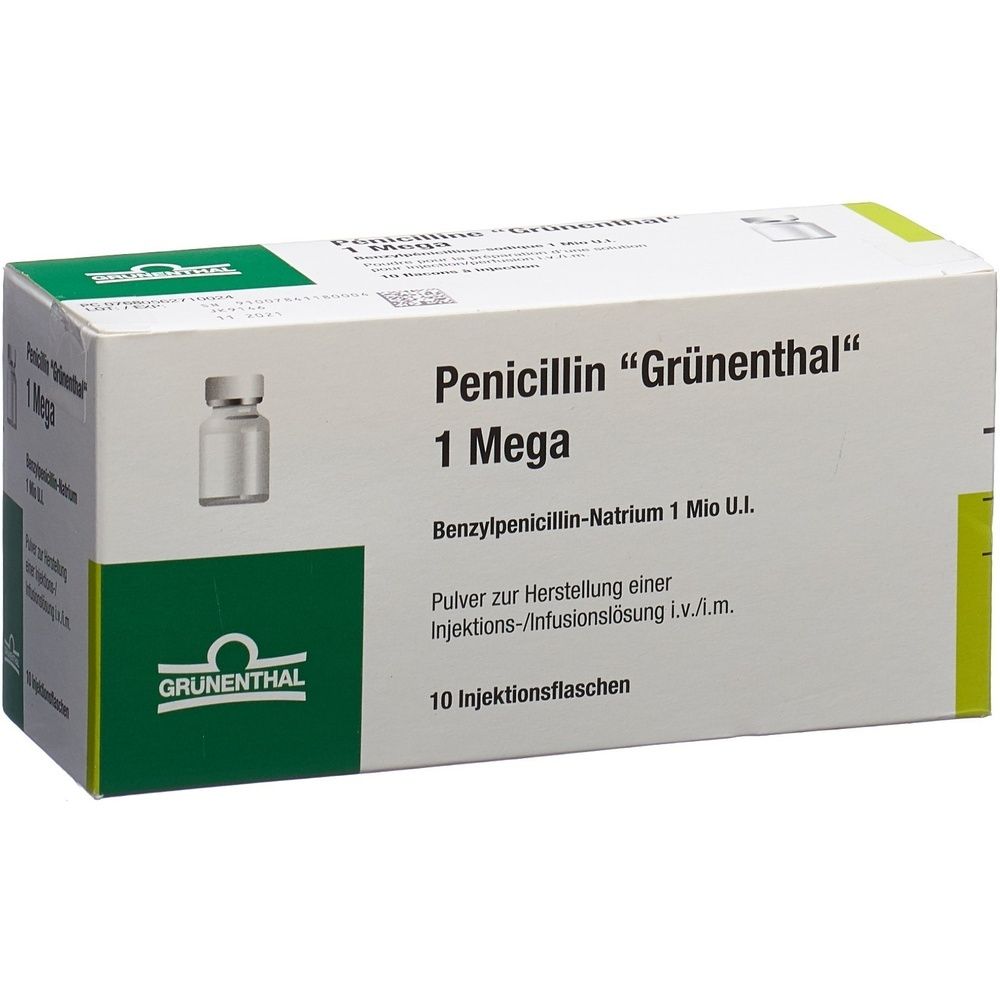 Verpackung von PENICILLIN Grönenthal 1 Mega Vial 10 Stk. Weiß-grüne Schachtel mit Produktinformationen und Logo.