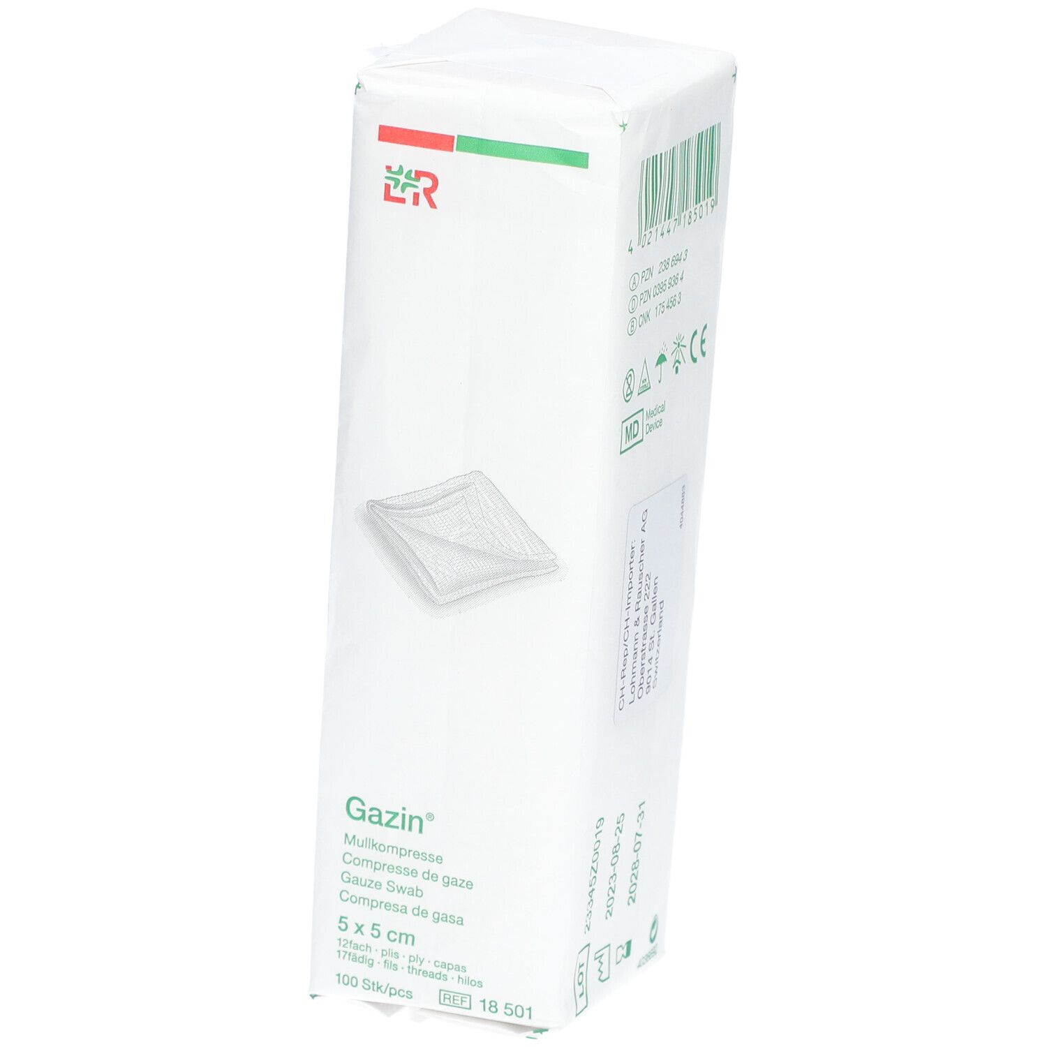 Verpackung mit Gazin Mullkompressen. 5x5 cm, unsteril. 100 Stück. Weißes Paket mit grünem und rotem Logo.