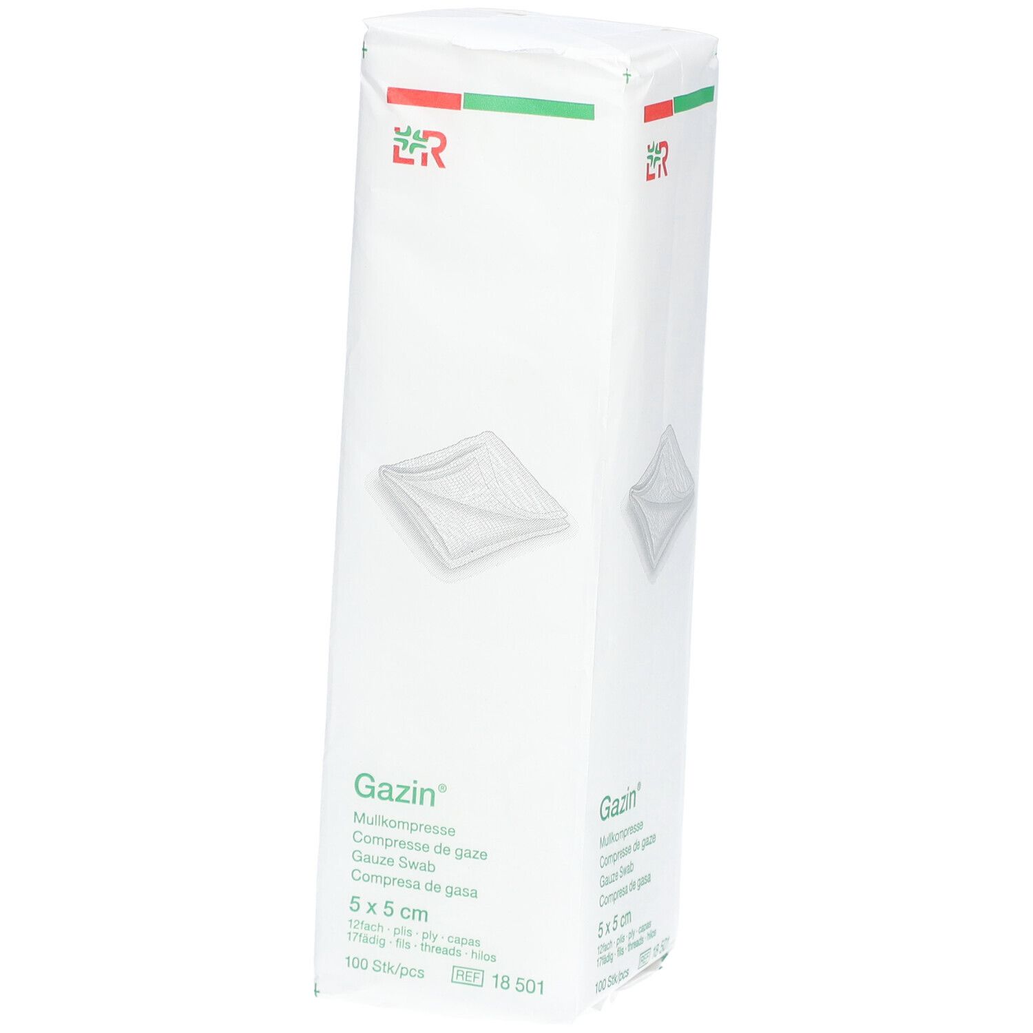 Gazin Mullkompressen-Verpackung. 5x5 cm, unsteril. Weißes Paket mit grünem und rotem Logo. Produktname und Größe.