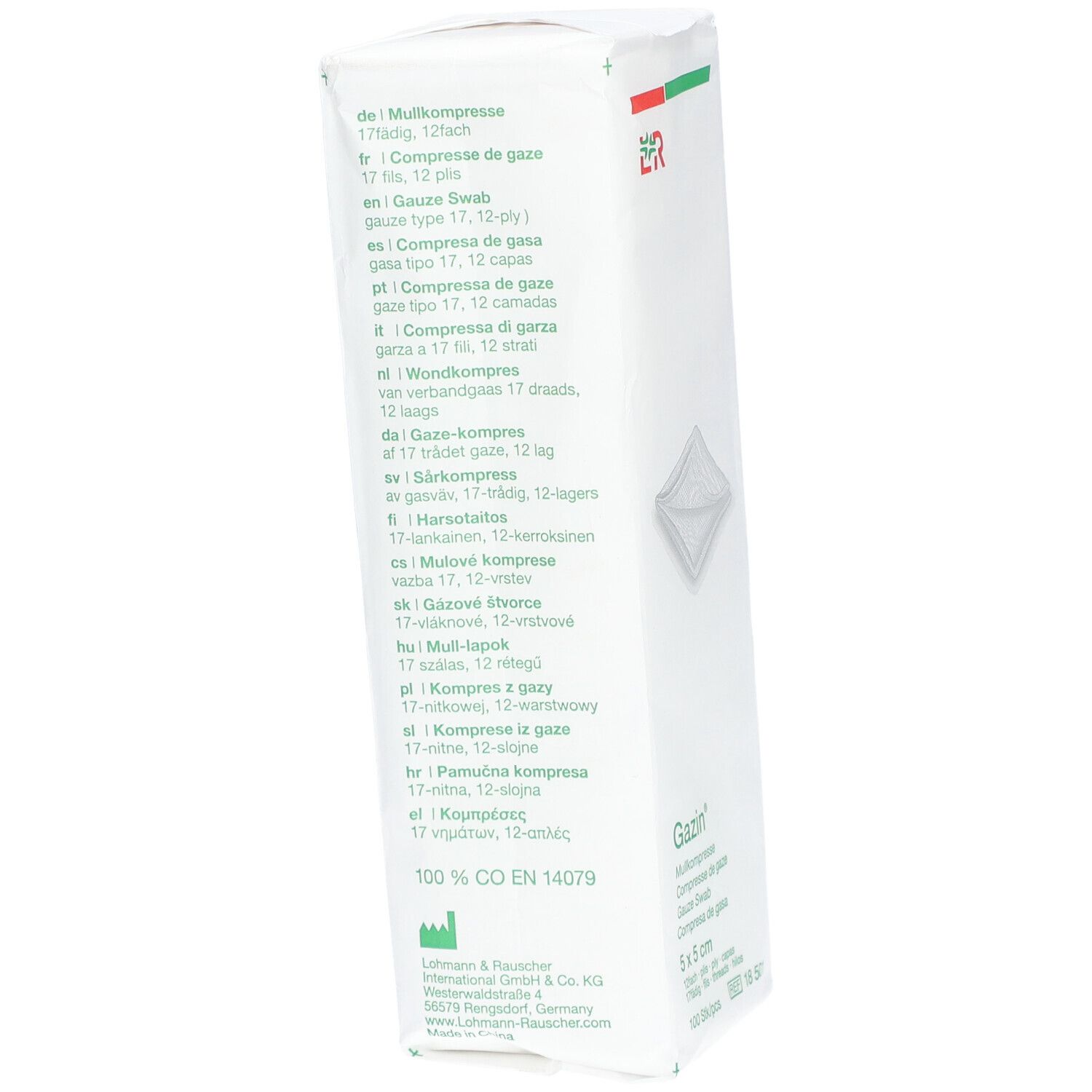 Verpackung mit Text in mehreren Sprachen. Enthält Informationen zu den Mullkompressen, Hersteller und Zertifizierung.