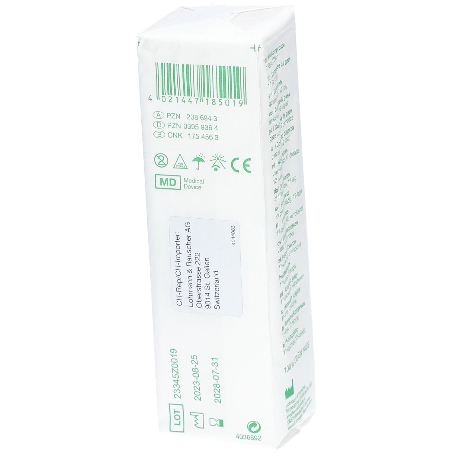 Rückseite der Verpackung mit Barcode, Chargennummer, Verfallsdatum und Herstellerinformationen.