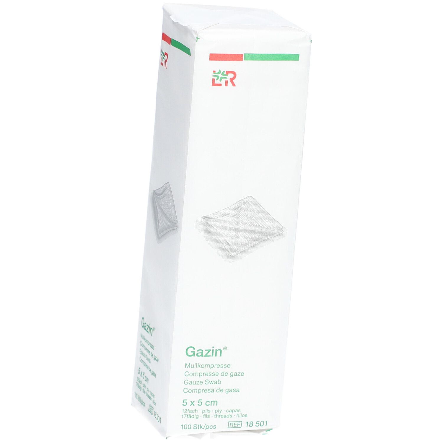 Gazin Mullkompressen-Verpackung. 5x5 cm, unsteril. Weißes Paket mit grünem und rotem Logo. Produktname und Größe.