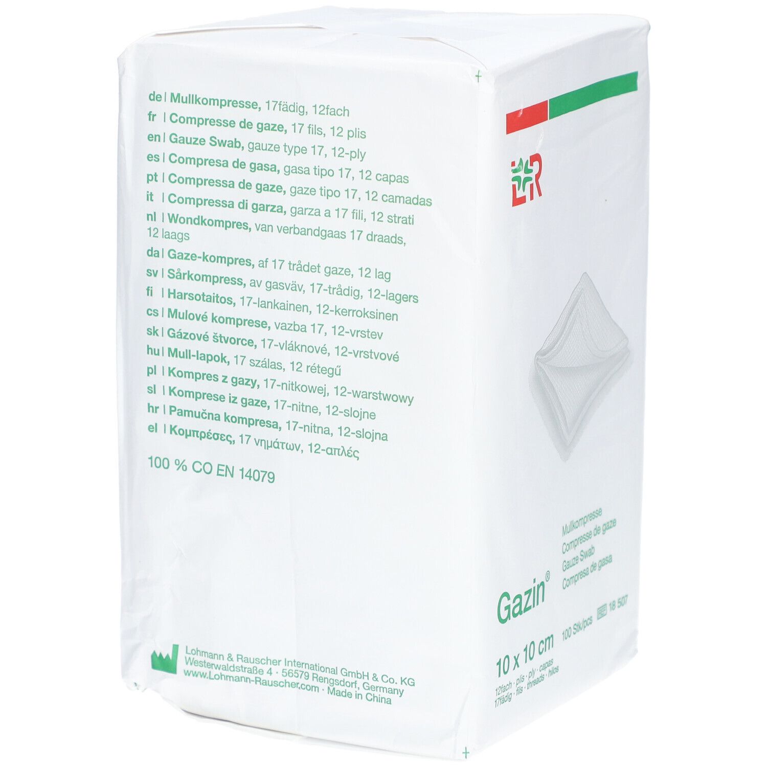 Emballage de compresses de gaze Gazin 10 x 10 cm. Verso avec texte multilingue. Logo LR. Inscription: 100 % CO EN 14079.