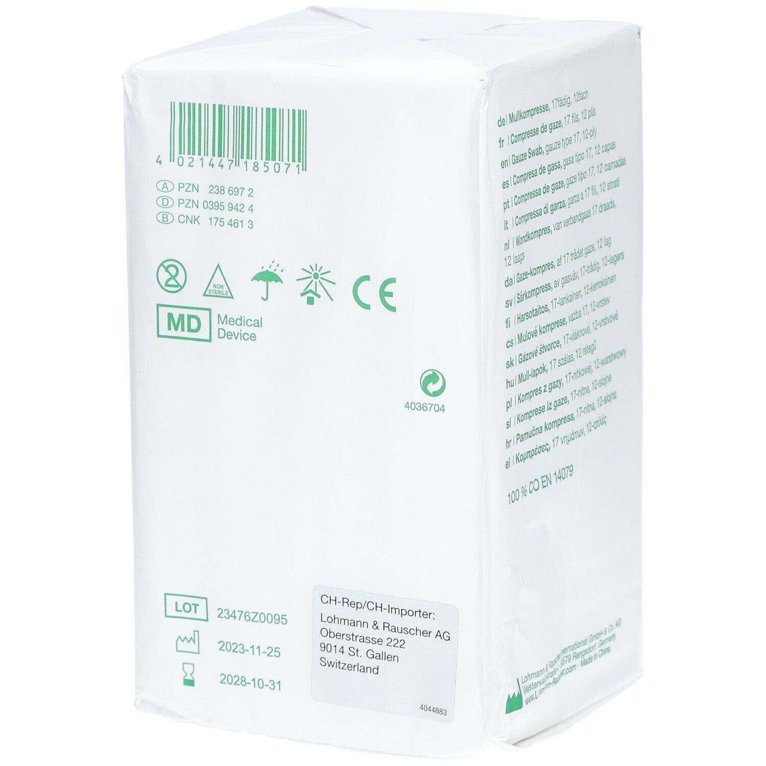 Emballage de compresses de gaze Gazin 10 x 10 cm. Verso avec code-barres, symbole MD, marquage CE. Inscription: Medical Device. Numéro de lot, date d'expiration.