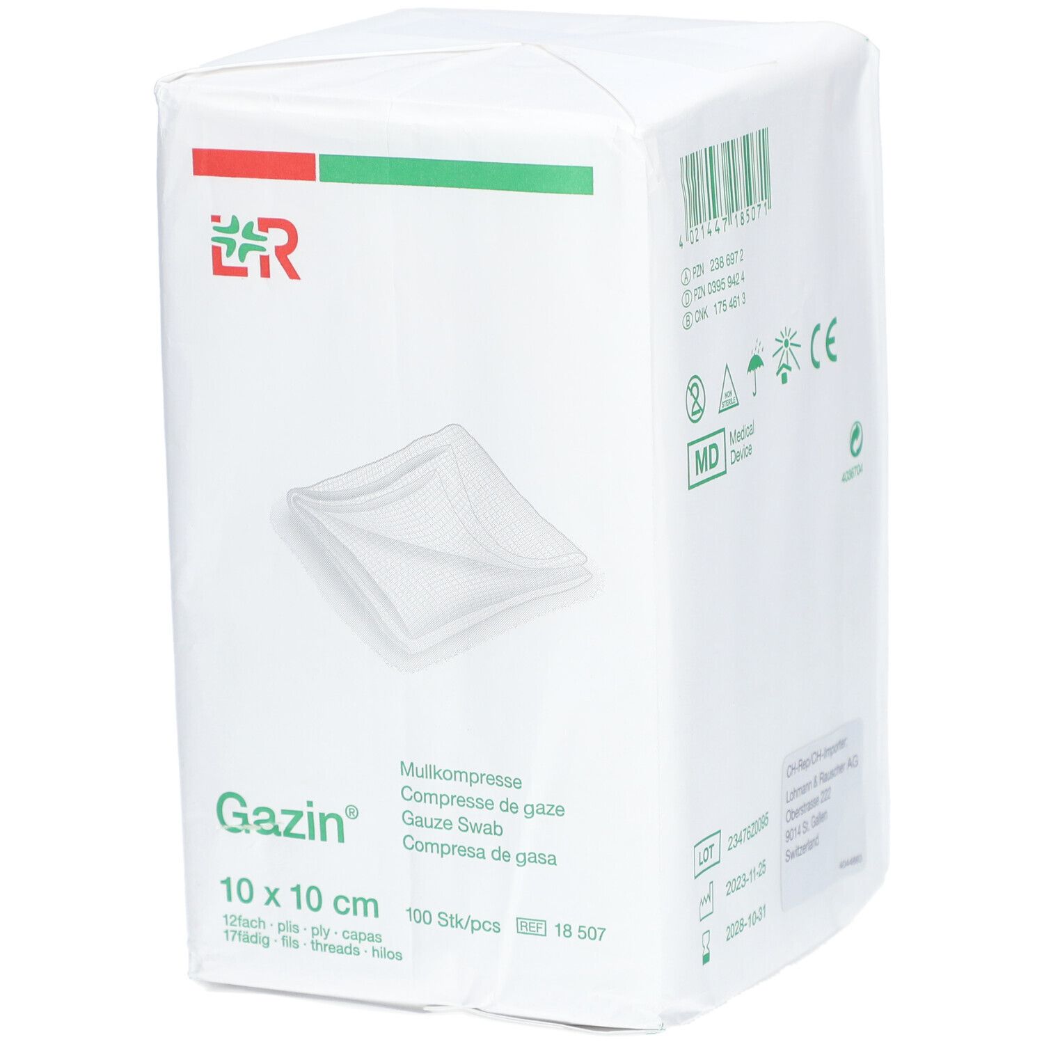 Emballage de compresses de gaze Gazin 10 x 10 cm. Logo LR. Inscription: Mullkompresse, Compresse de gaze, Gauze Swab, Compresa de gasa. 100 pièces.
