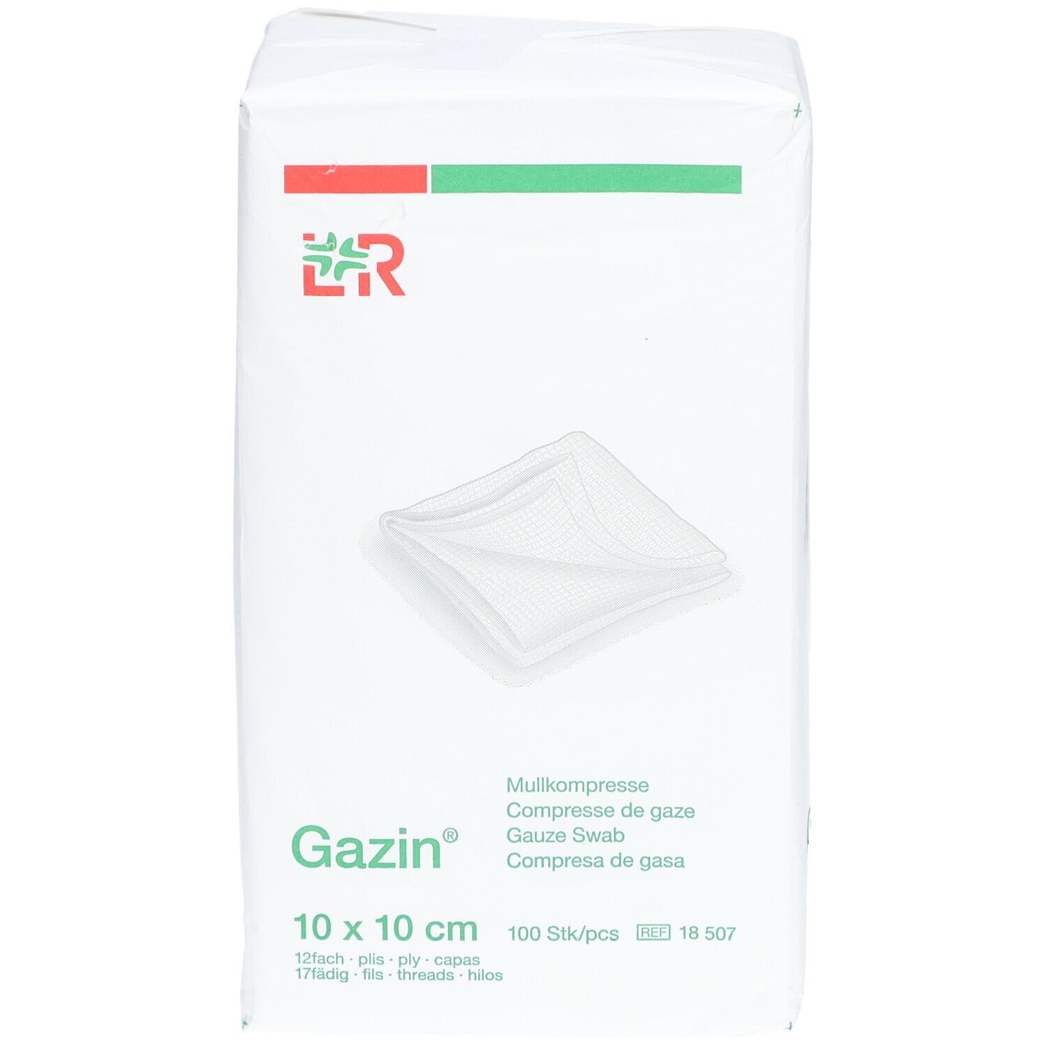 Emballage de compresses de gaze Gazin 10 x 10 cm. Logo LR. Inscription: Mullkompresse, Compresse de gaze, Gauze Swab, Compresa de gasa. 100 pièces.