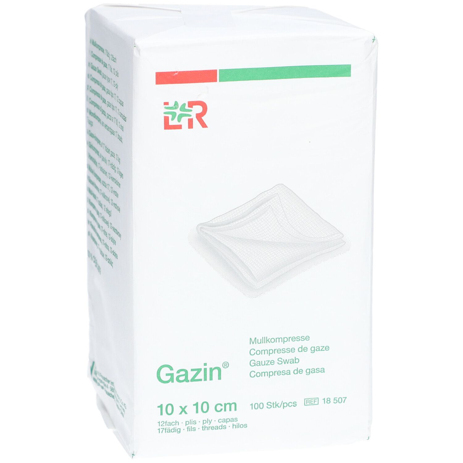 Emballage de compresses de gaze Gazin 10 x 10 cm. Logo LR. Inscription: Mullkompresse, Compresse de gaze, Gauze Swab, Compresa de gasa. 100 pièces.