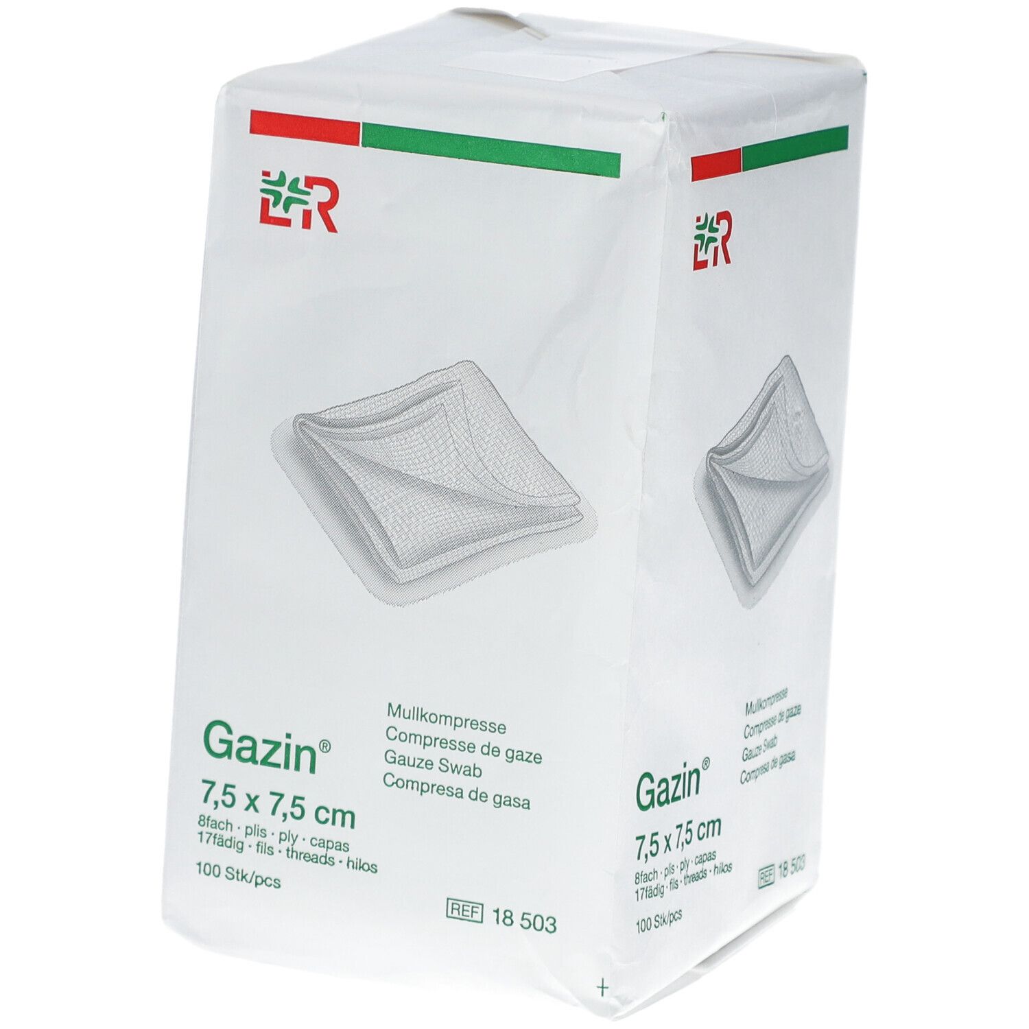 Emballage Gazin compresses de gaze 7,5 x 7,5 cm. 100 pièces. Logo vert et rouge. Image de compresses.