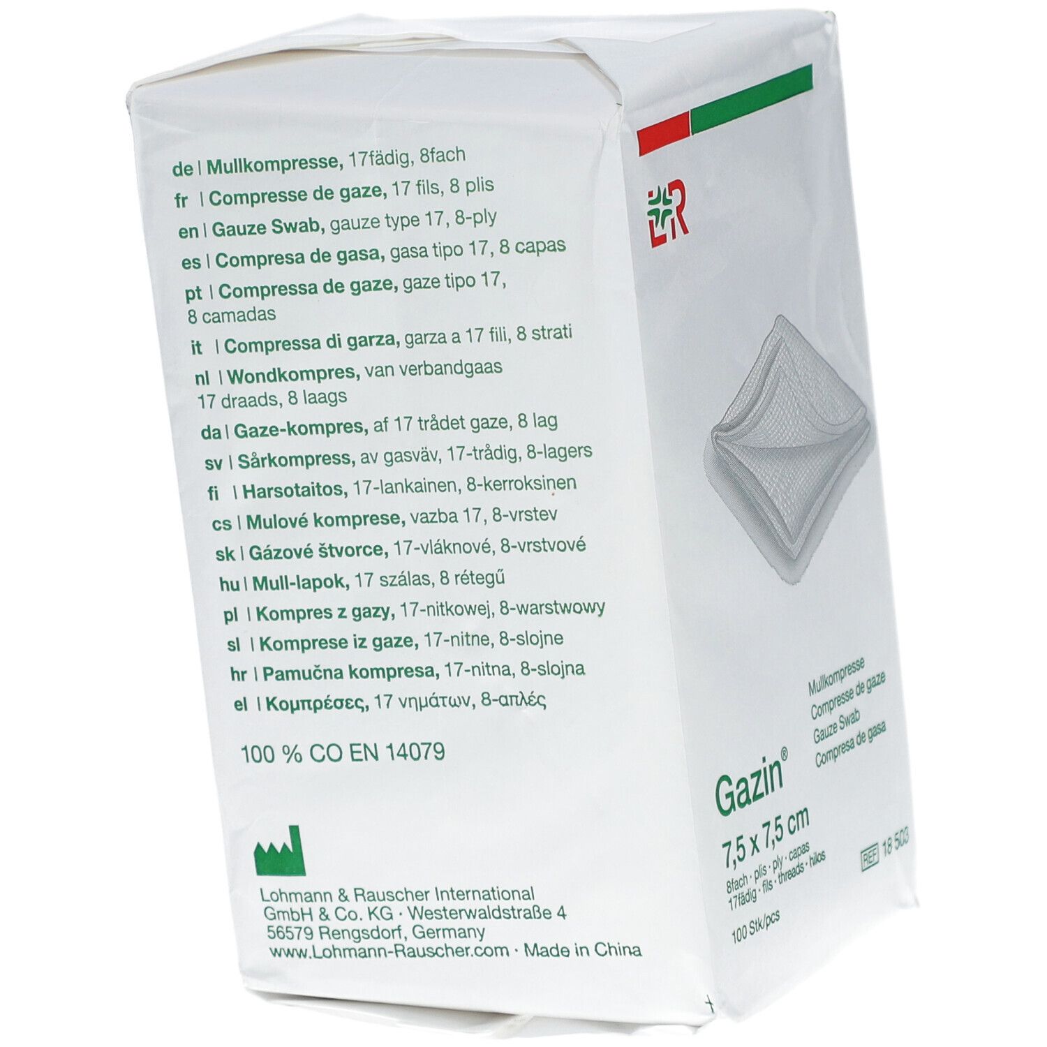 Dos de l'emballage. Texte multilingue. Informations fabricant et qualité. Marquage CE.