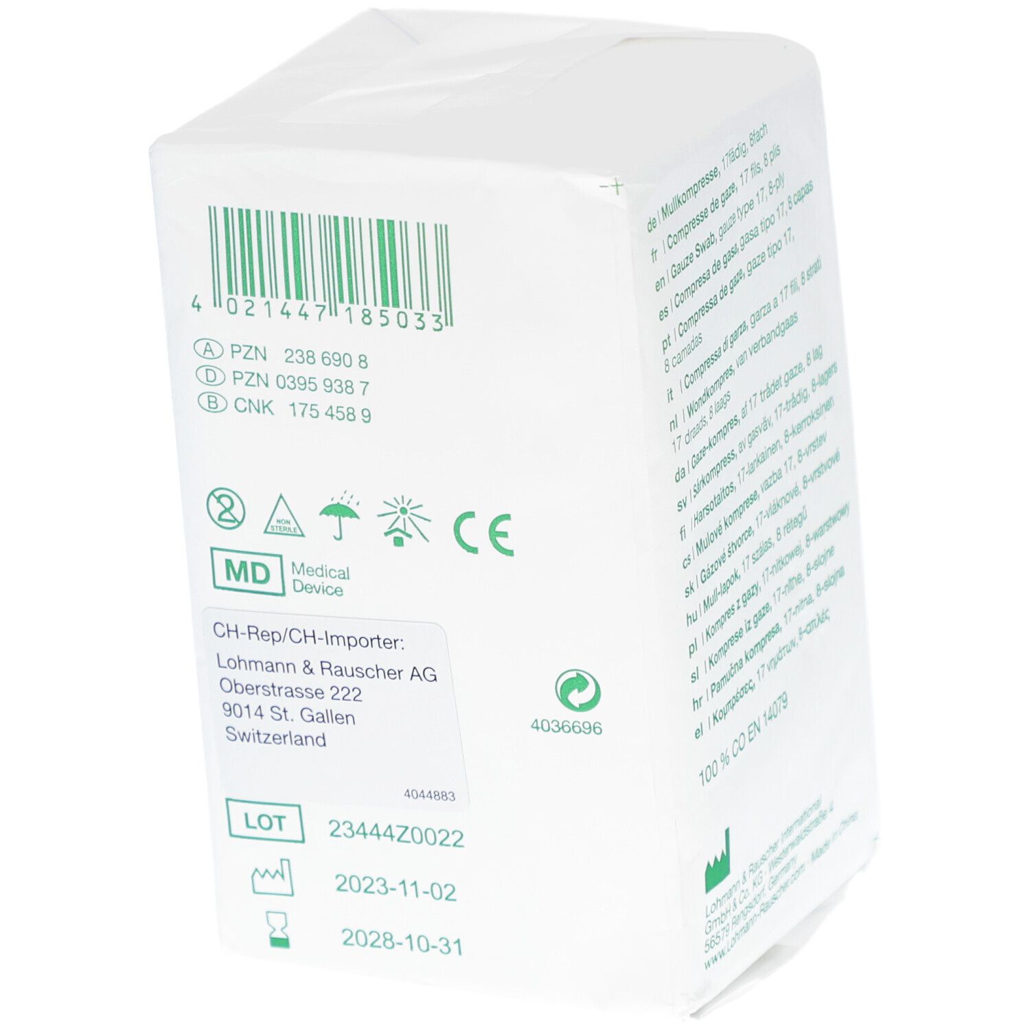 Emballage avec code-barres, numéro de lot, date d'expiration et marquage CE. Dispositif médical.