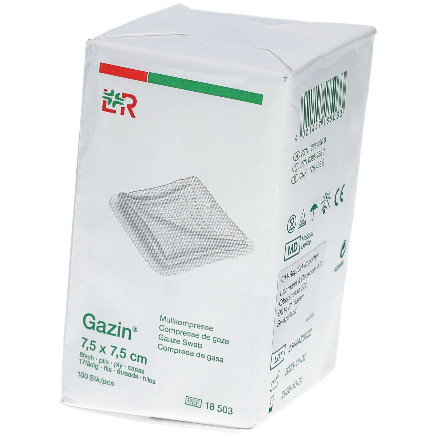 Emballage Gazin compresses de gaze 7,5 x 7,5 cm. 100 pièces. Logo vert et rouge. Image de compresses.