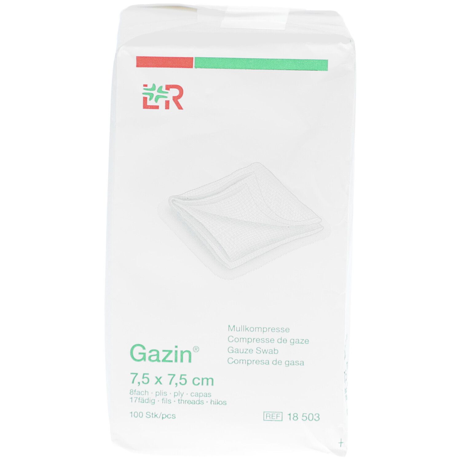 Emballage Gazin compresses de gaze 7,5 x 7,5 cm. Logo vert et rouge. Image de compresses.