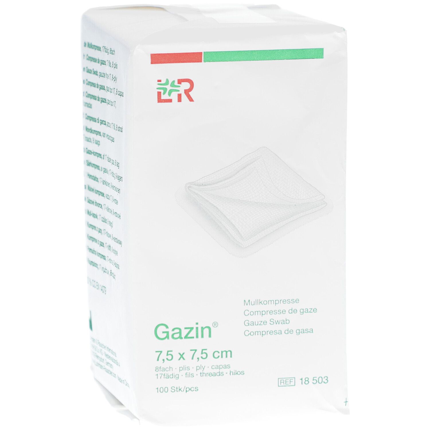 Emballage Gazin compresses de gaze 7,5 x 7,5 cm. Logo vert et rouge. Image de compresses.
