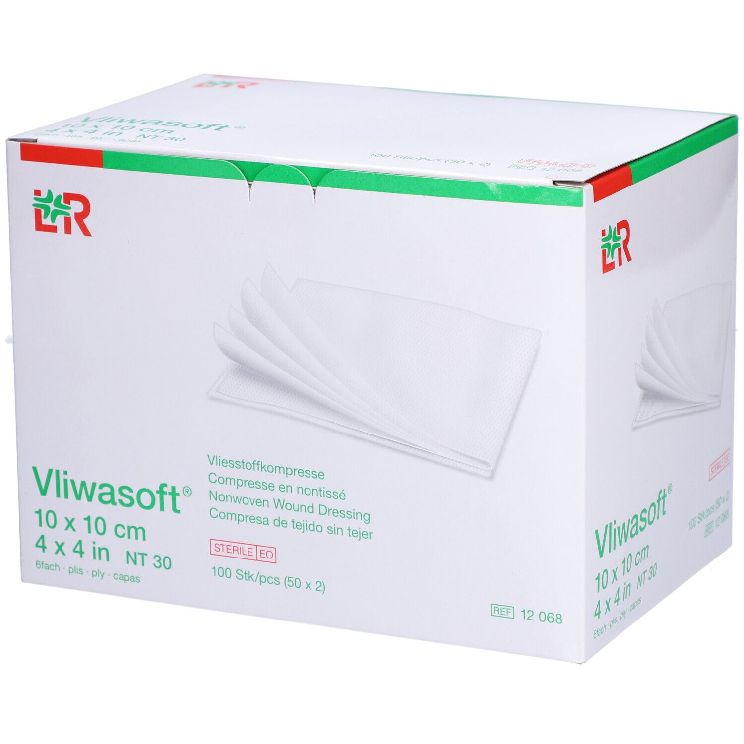 Verpackung von Vliwasoft 10 x 10 cm Wundauflagen. Enthält 100 Stück. L&R Logo. Sterile EO.
