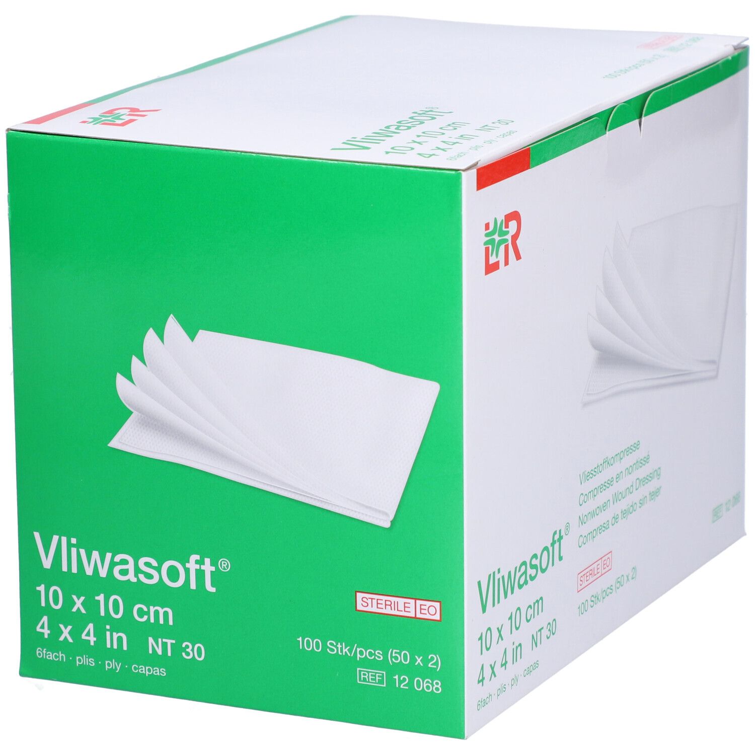 Verpackung von Vliwasoft 10 x 10 cm Wundauflagen. Enthält 100 Stück. L&R Logo. Sterile EO.