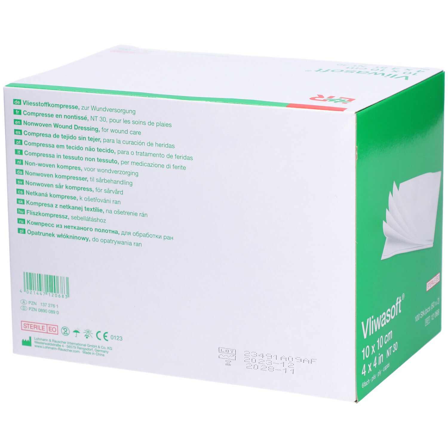 Rückseite der Vliwasoft 10 x 10 cm Verpackung. Mehrsprachige Produktinformationen. L&R Logo. Sterile EO.