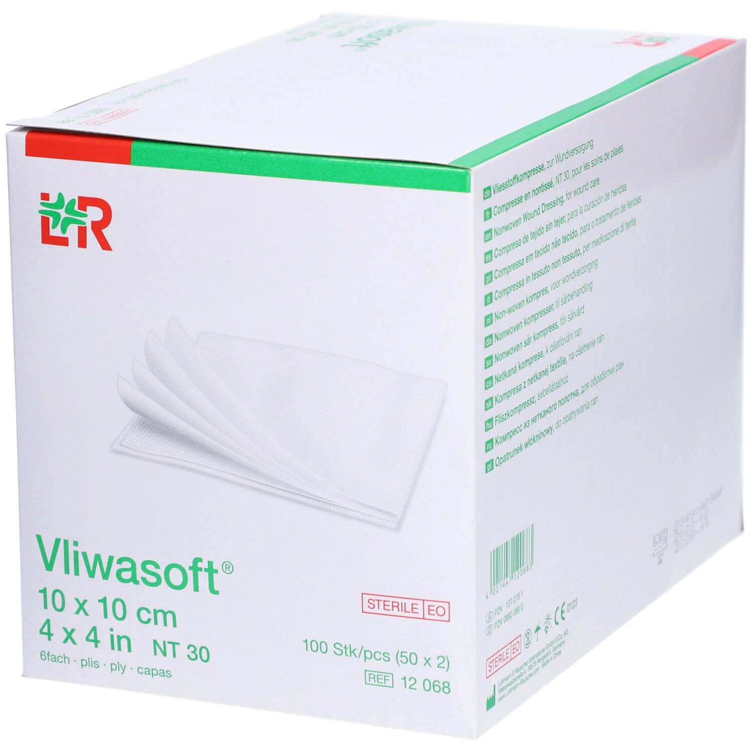 Verpackung von Vliwasoft 10 x 10 cm Wundauflagen. Enthält 100 Stück. L&R Logo. Sterile EO.