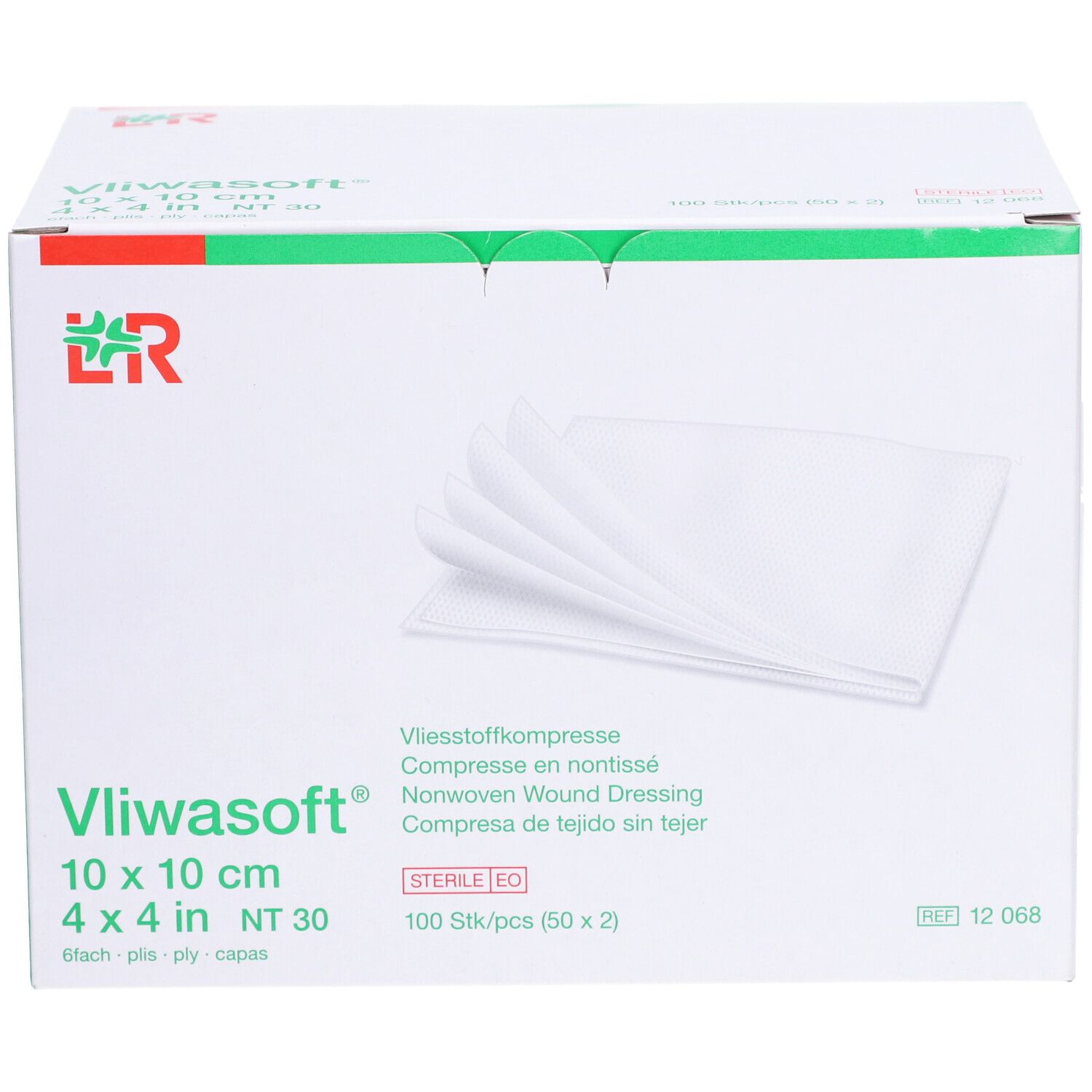 Verpackung von Vliwasoft 10 x 10 cm Wundauflagen. Enthält 100 Stück. L&R Logo. Sterile EO.