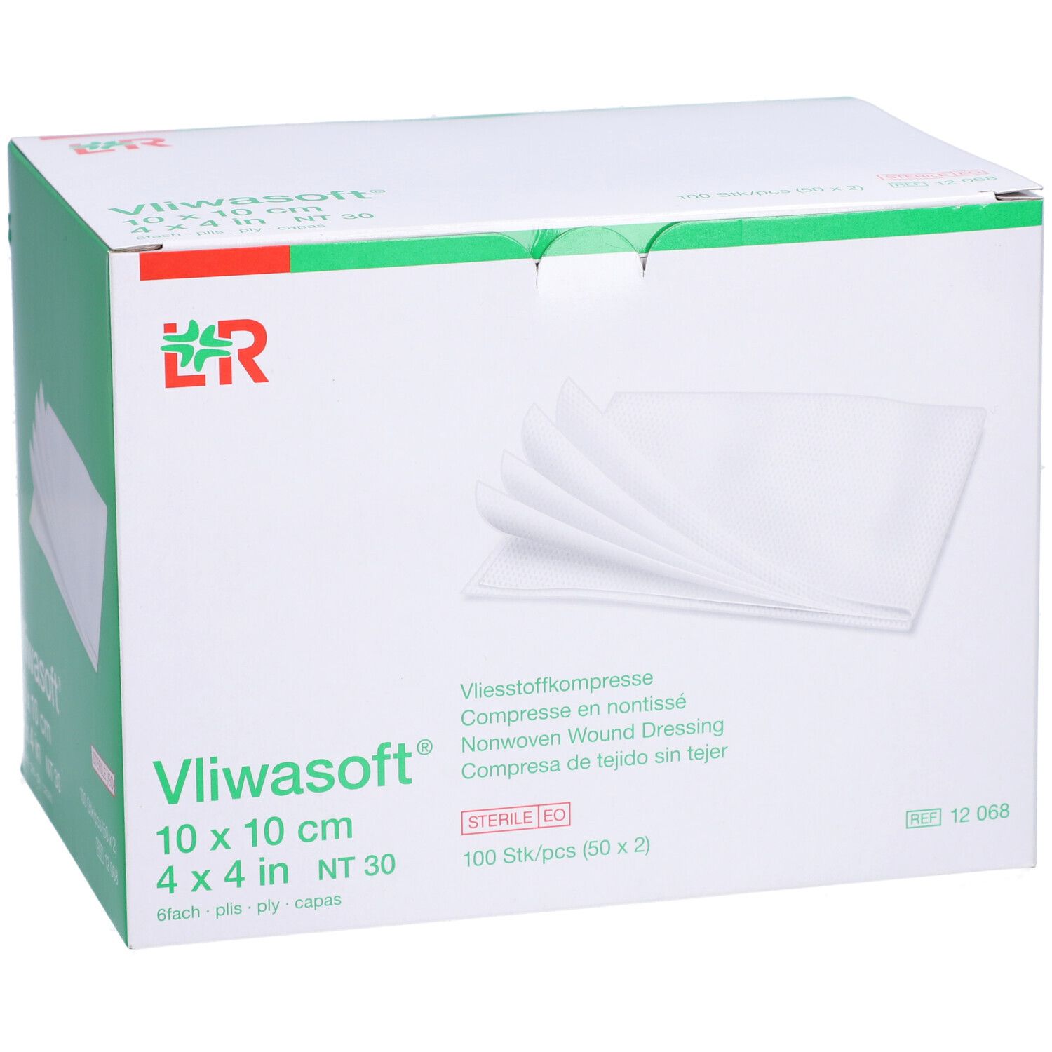 Verpackung von Vliwasoft 10 x 10 cm Wundauflagen. Enthält 100 Stück. L&R Logo. Sterile EO.
