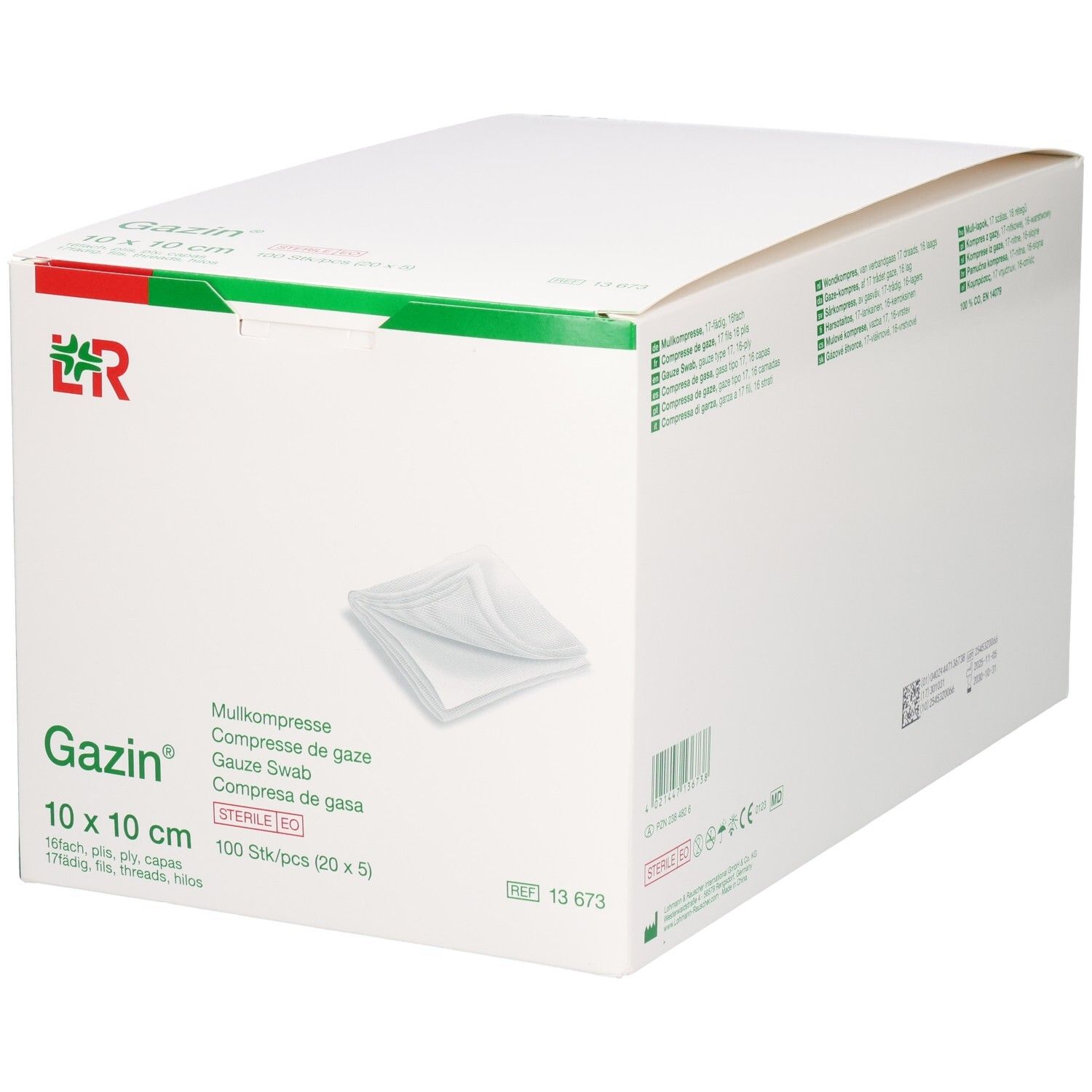 GAZIN Mullkompressen 10x10cm, steril, 100 Stück (20x5). Kartonverpackung mit Produktabbildung.