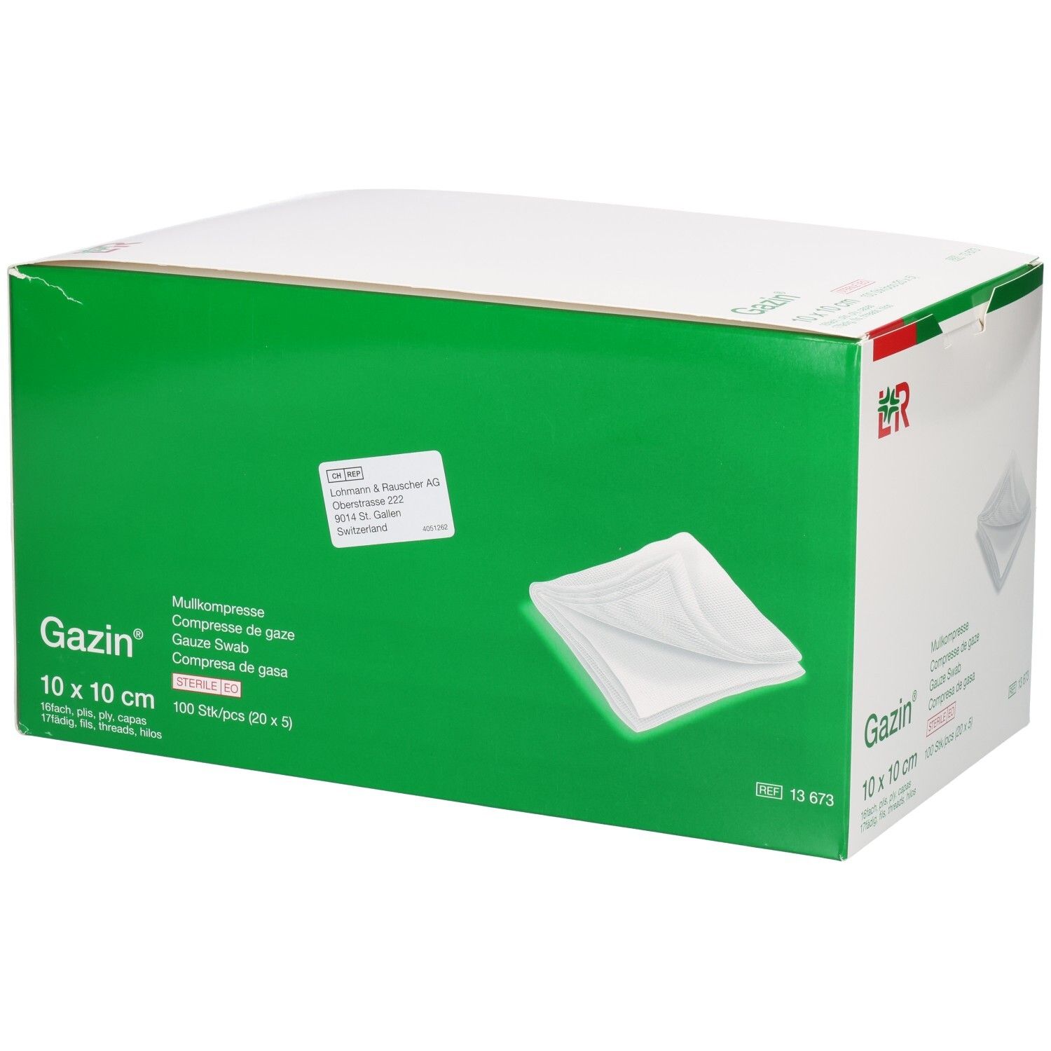 GAZIN Mullkompressen 10x10cm, steril, 100 Stück. Seitenansicht der Kartonverpackung mit Produktabbildung.
