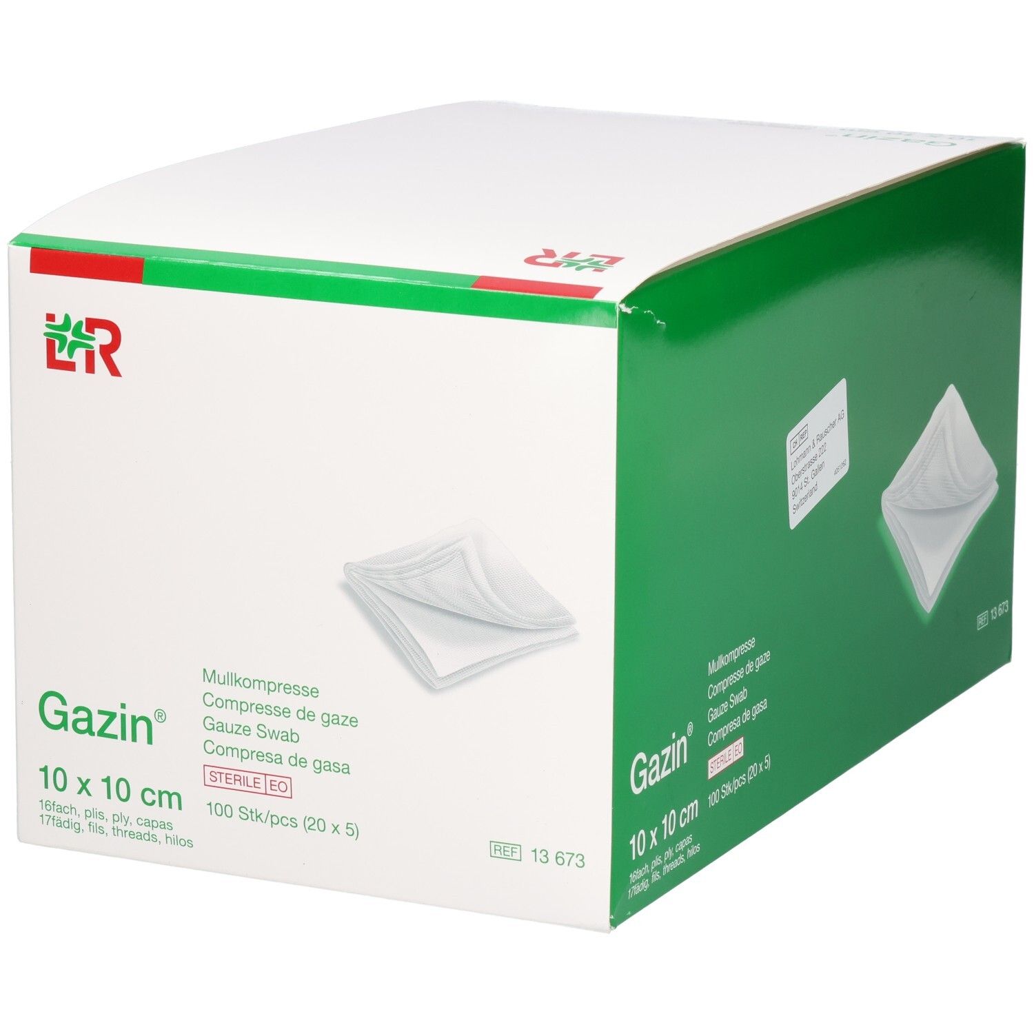 GAZIN Mullkompressen 10x10cm, steril, 100 Stück. Vorderansicht der Kartonverpackung mit Produktabbildung.