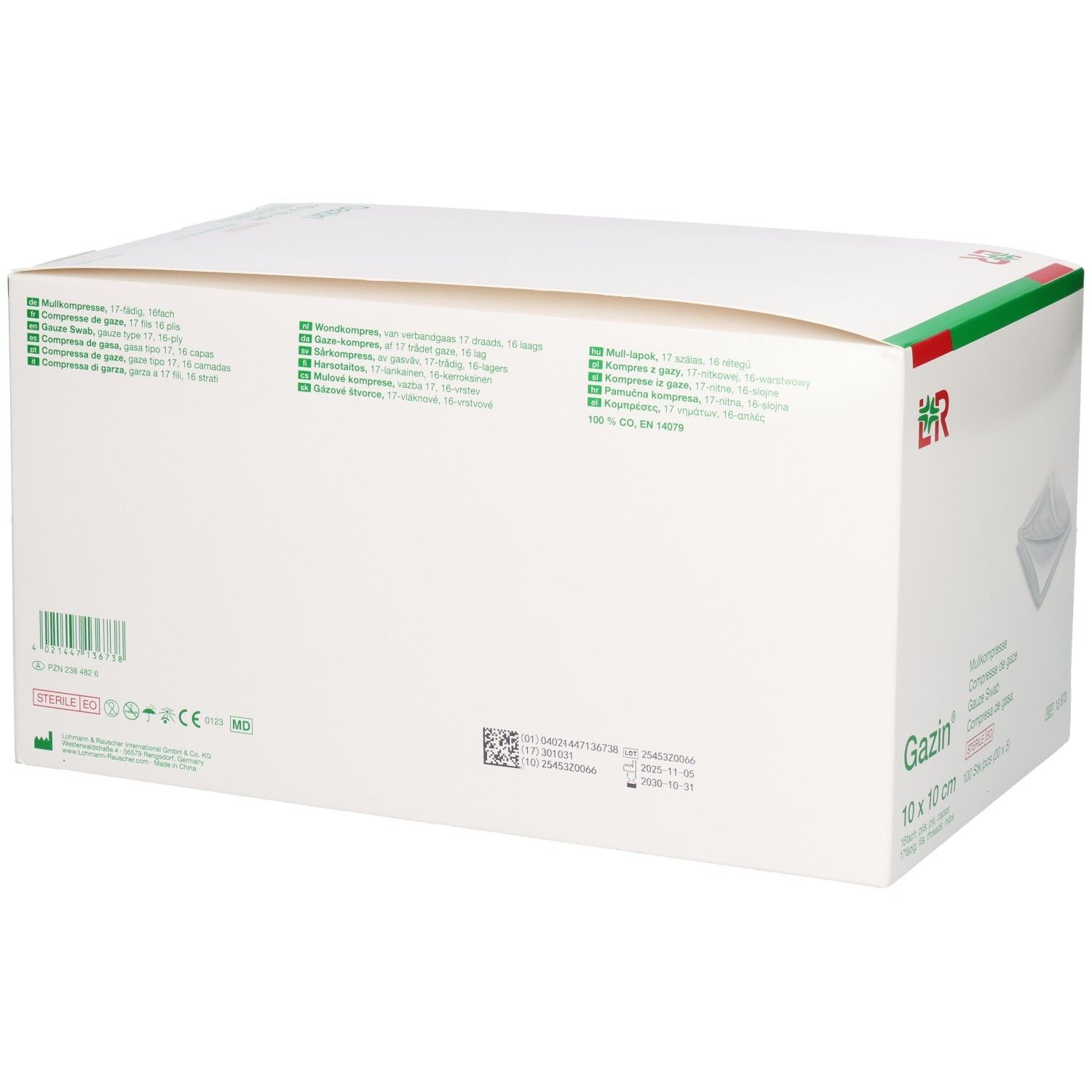 GAZIN Mullkompressen 10x10cm, steril, 100 Stück. Rückseite der Kartonverpackung mit Produktinformationen und Barcode.