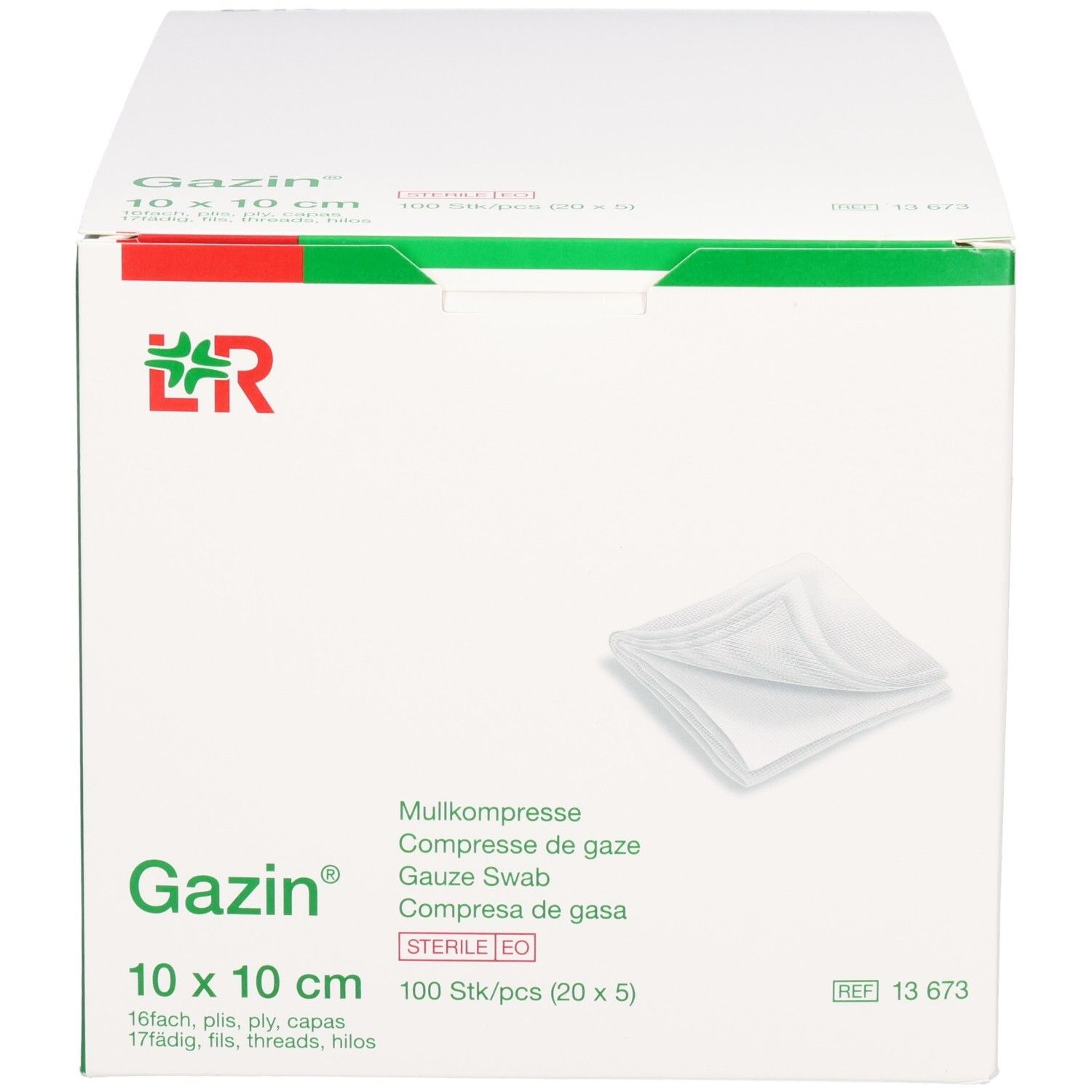 GAZIN Mullkompressen 10x10cm, steril, 100 Stück (20x5). Vorderansicht der Kartonverpackung mit Produktabbildung.