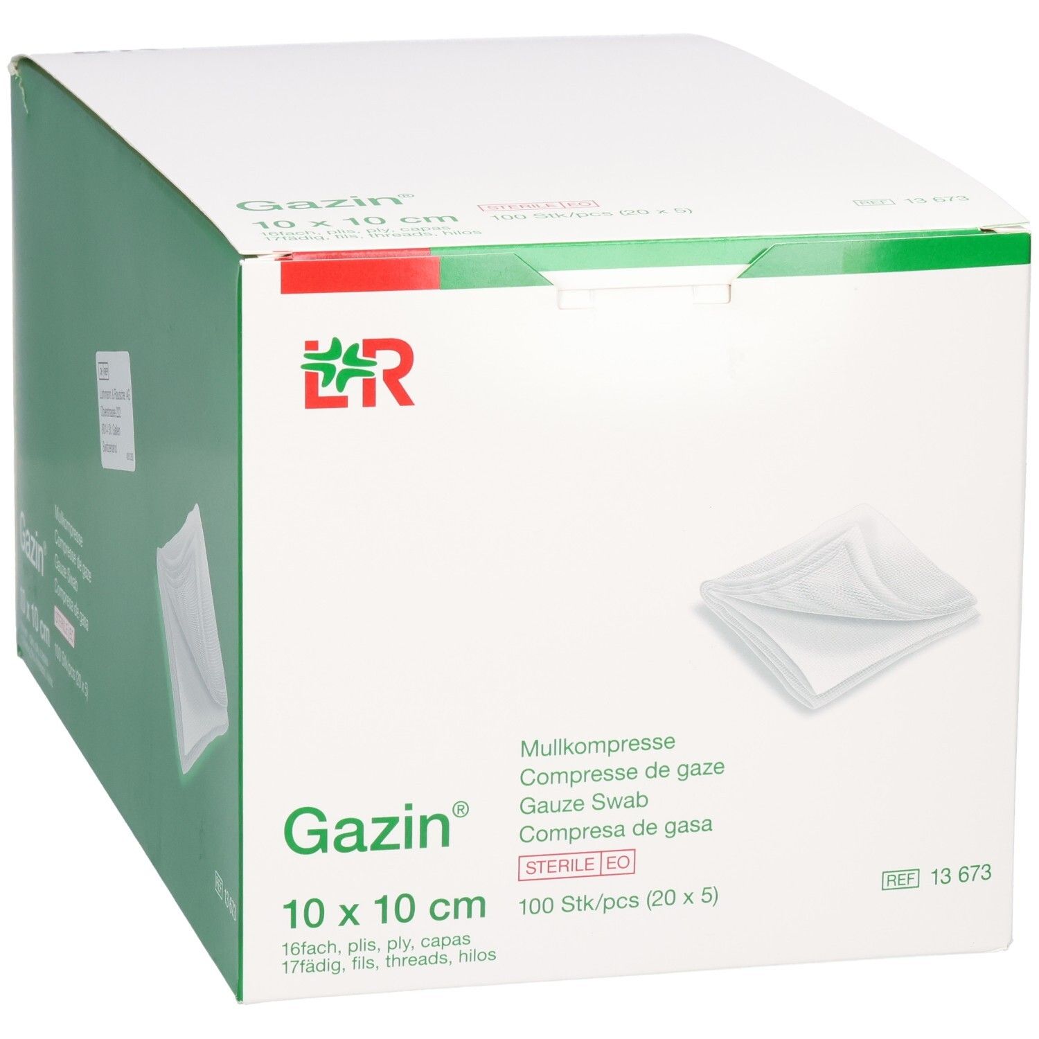 GAZIN Mullkompressen 10x10cm, steril, 100 Stück. Vorderansicht der Kartonverpackung mit Produktabbildung und Detailansicht.