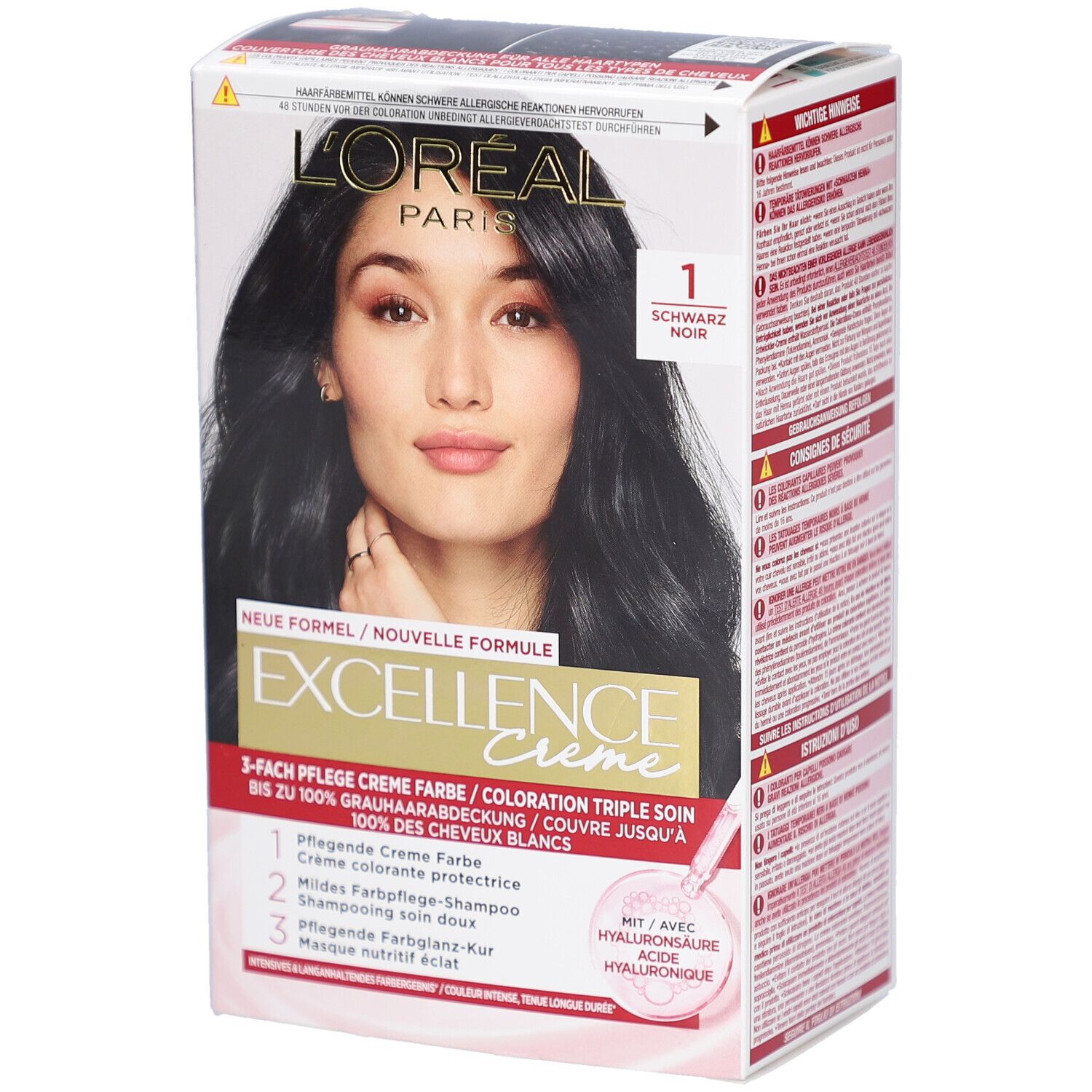 L'Oréal Paris Excellence Crème. Coloration triple soin 1 Noir. Boîte avec femme, produit et texte. Couvre 100% des cheveux blancs.
