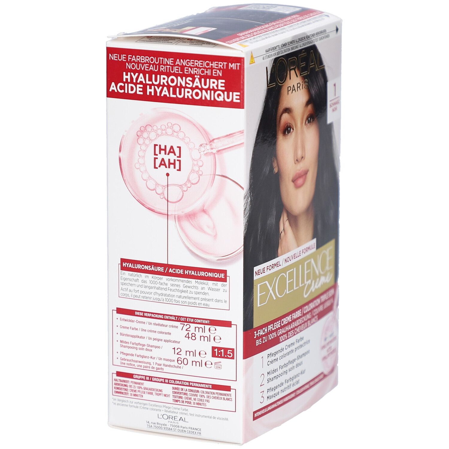 Dos de la boîte L'Oréal Paris Excellence Crème. Contient de l'acide hyaluronique. Visuel produit et texte. Indications de volume.