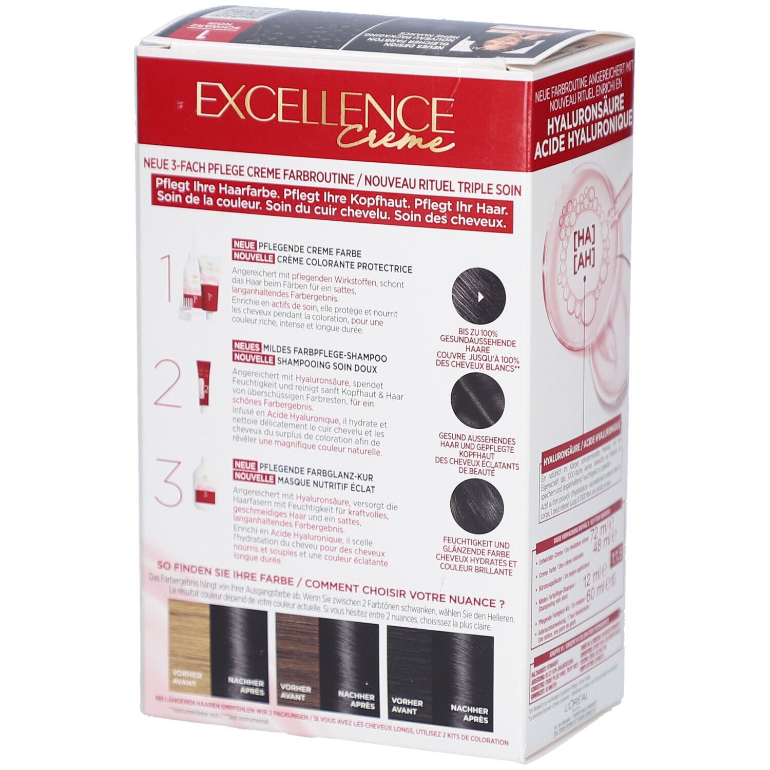 Dos de la boîte L'Oréal Paris Excellence Crème. Visuels et texte. Étapes d'application et exemples de couleurs.