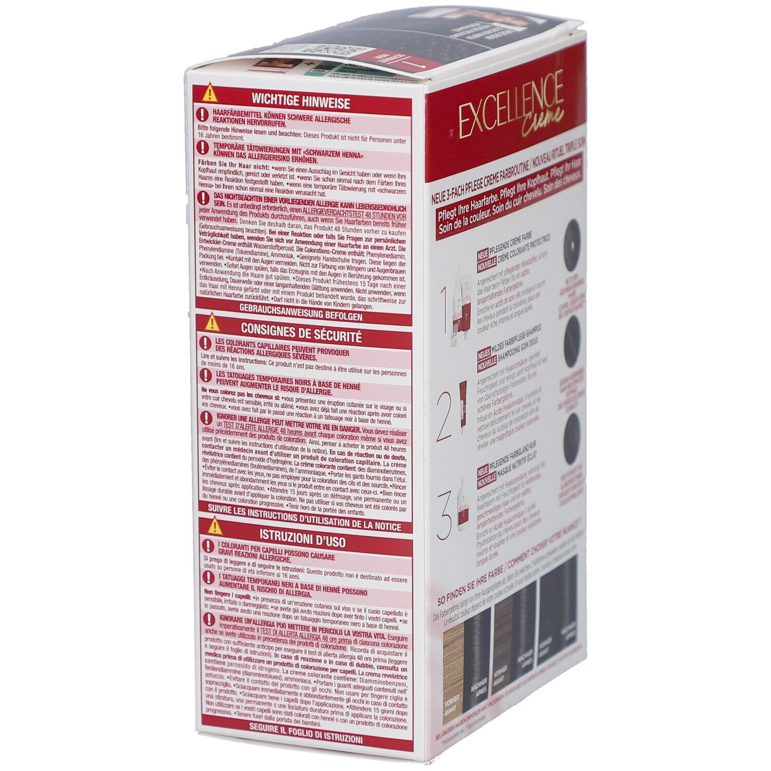 Côté de la boîte L'Oréal Paris Excellence Crème. Texte et consignes de sécurité. Instructions en plusieurs langues.