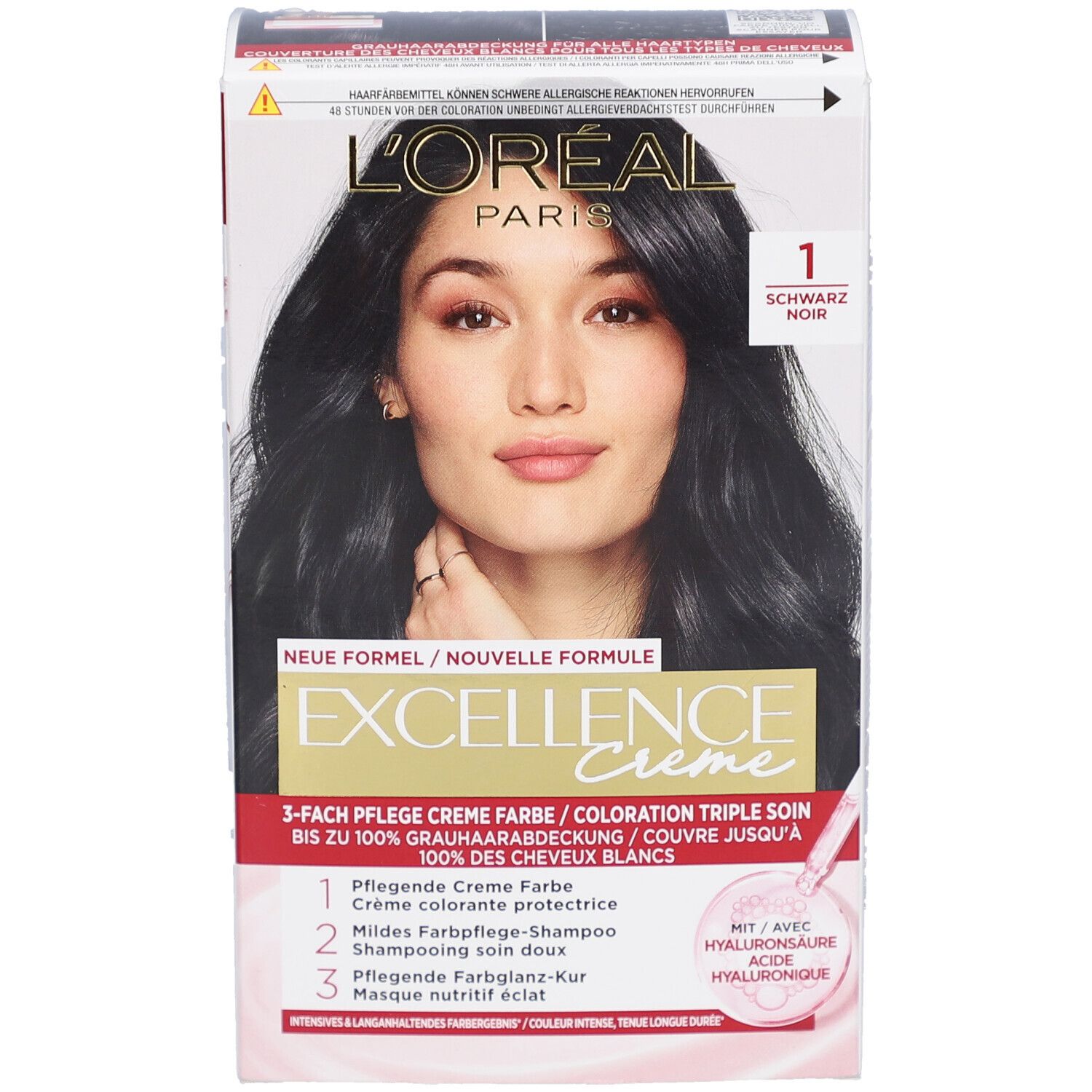 L'Oréal Paris Excellence Crème. Coloration triple soin 1 Noir. Boîte avec femme, produit et texte. Couvre 100% des cheveux blancs.