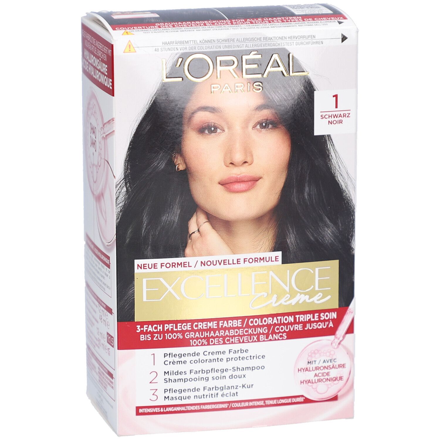 L'Oréal Paris Excellence Crème. Coloration triple soin 1 Noir. Boîte avec femme, produit et texte. Couvre 100% des cheveux blancs.